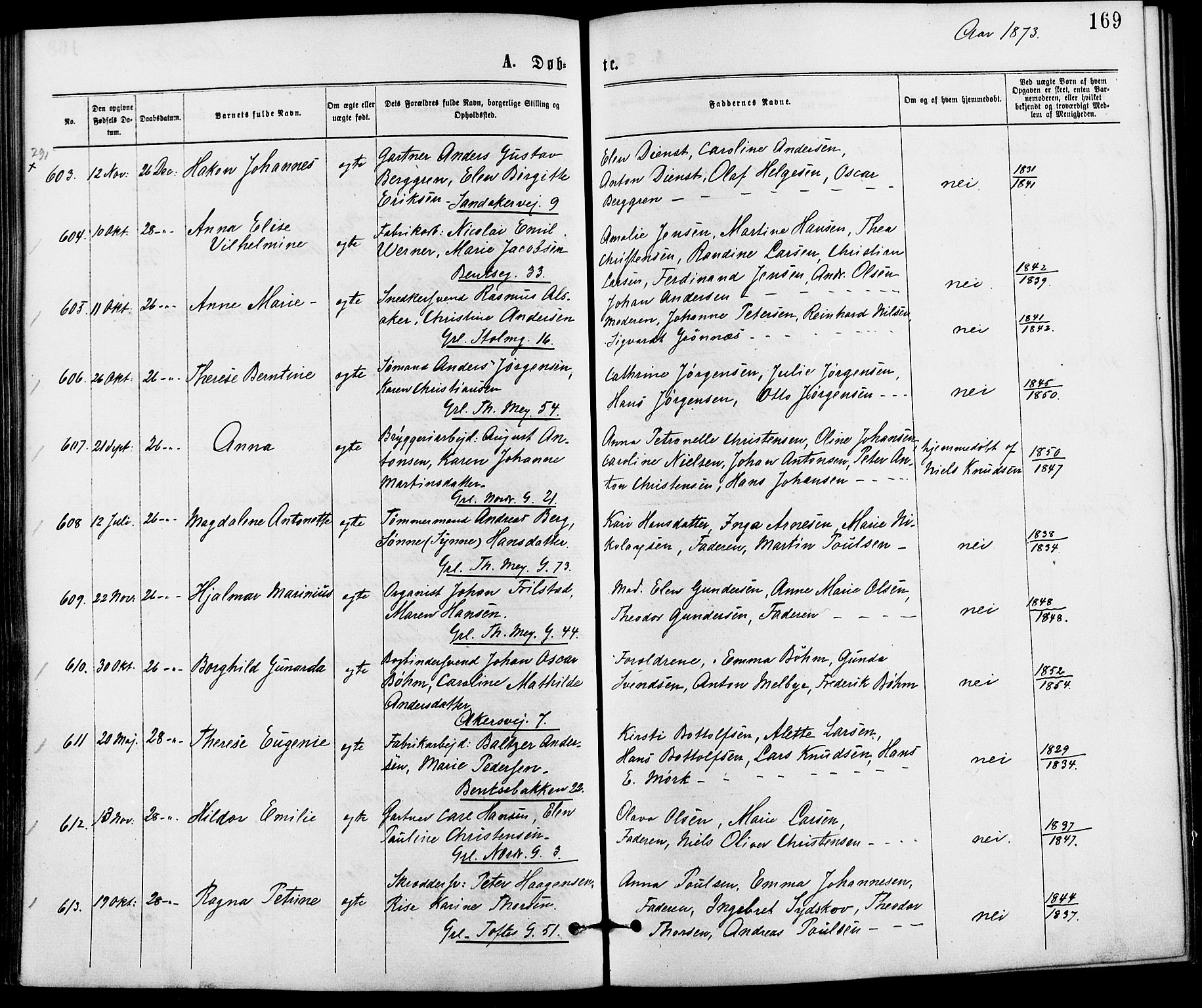 Gamle Aker prestekontor Kirkebøker, AV/SAO-A-10617a/G/L0003: Klokkerbok nr. 3, 1869-1874, s. 169