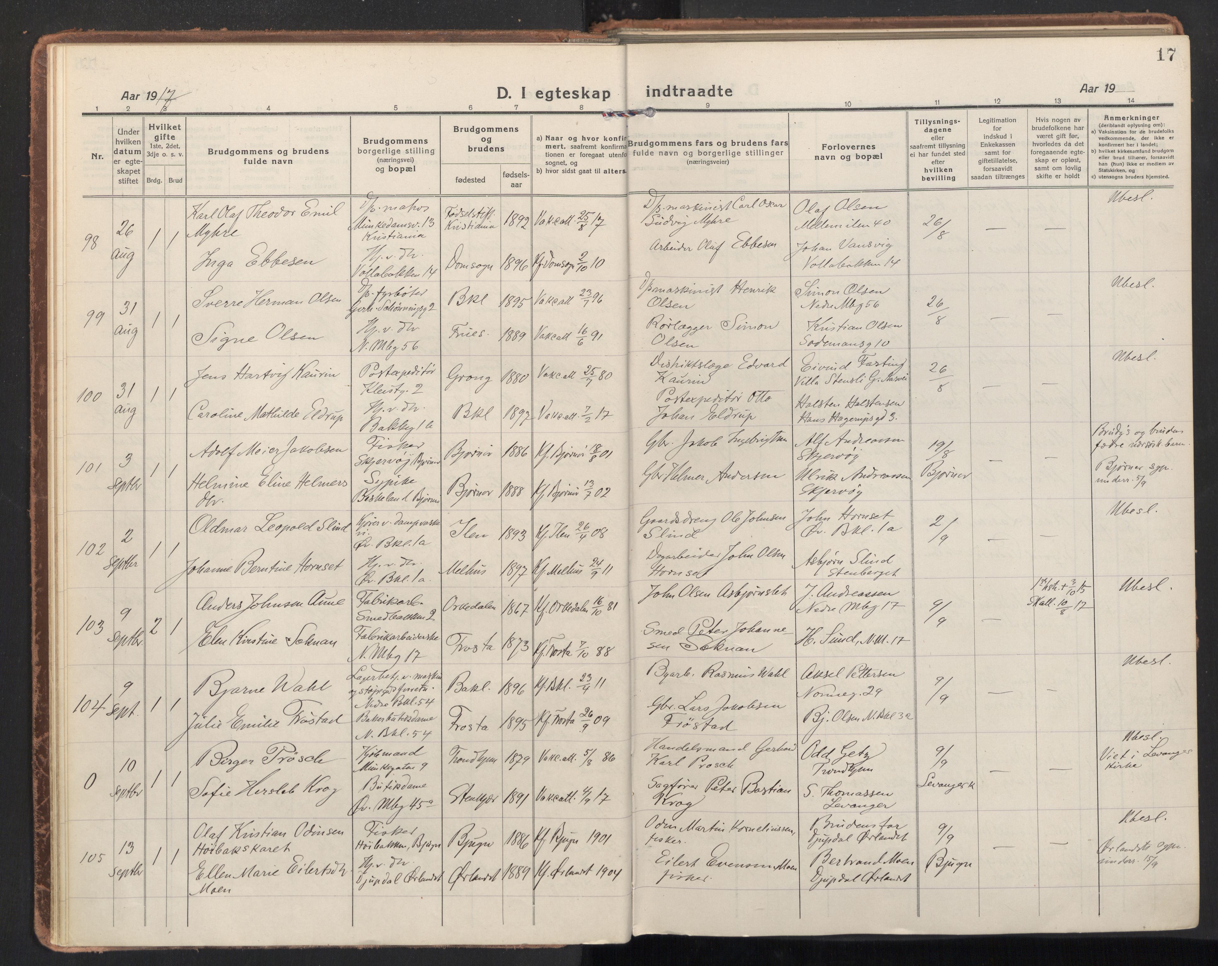 Ministerialprotokoller, klokkerbøker og fødselsregistre - Sør-Trøndelag, AV/SAT-A-1456/604/L0206: Ministerialbok nr. 604A26, 1917-1931, s. 17