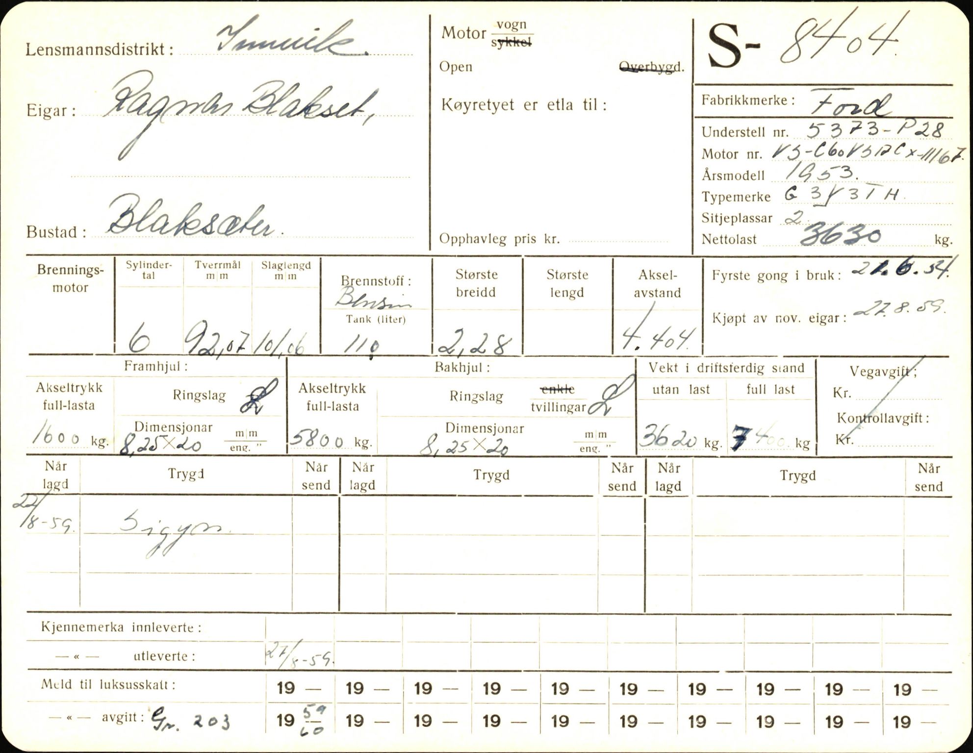Statens vegvesen, Sogn og Fjordane vegkontor, AV/SAB-A-5301/4/F/L0006: Registerkort utmeldte Fjordane S8300-9500, 1930-1961, s. 169