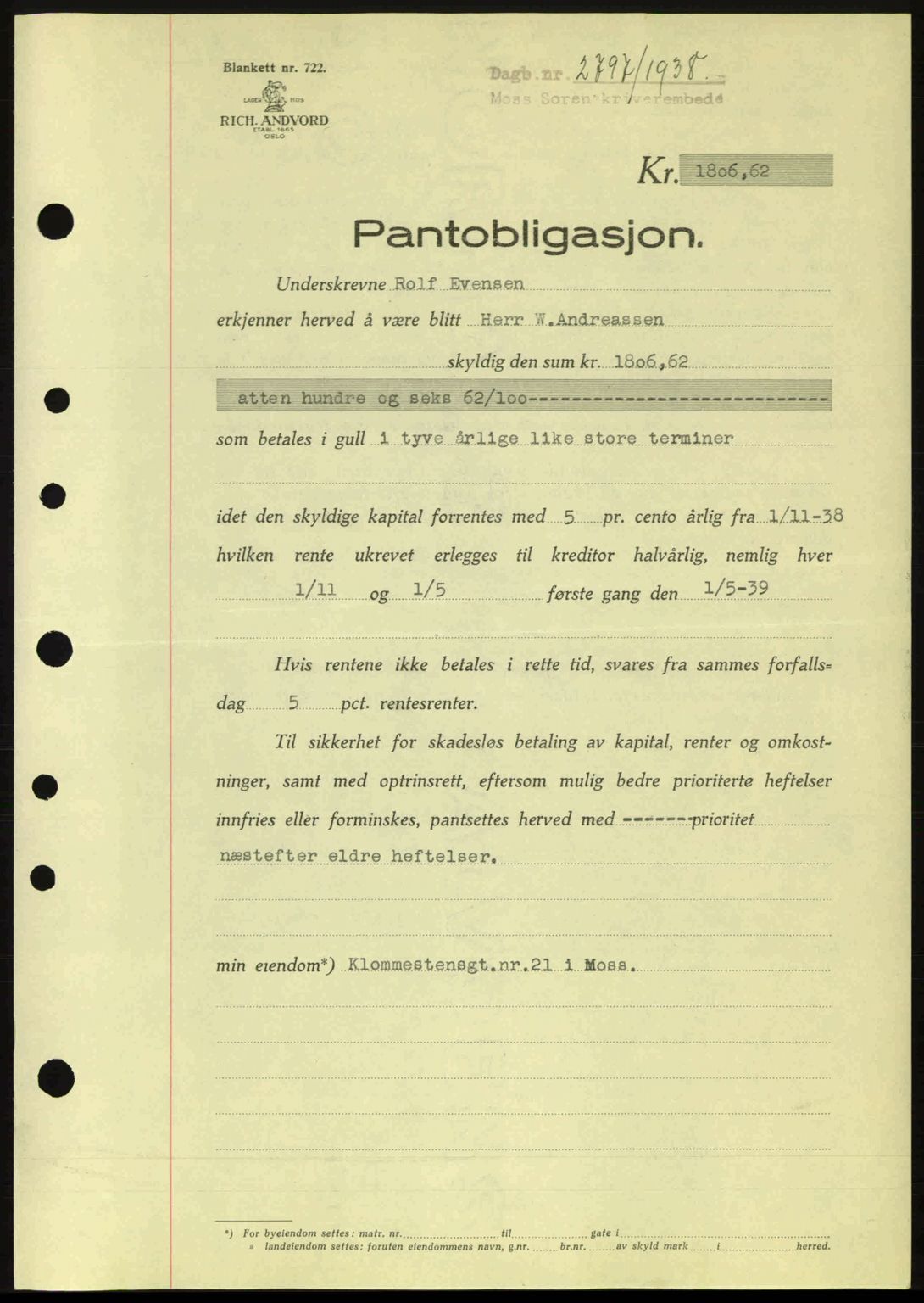 Moss sorenskriveri, SAO/A-10168: Pantebok nr. B6, 1938-1938, Dagboknr: 2797/1938