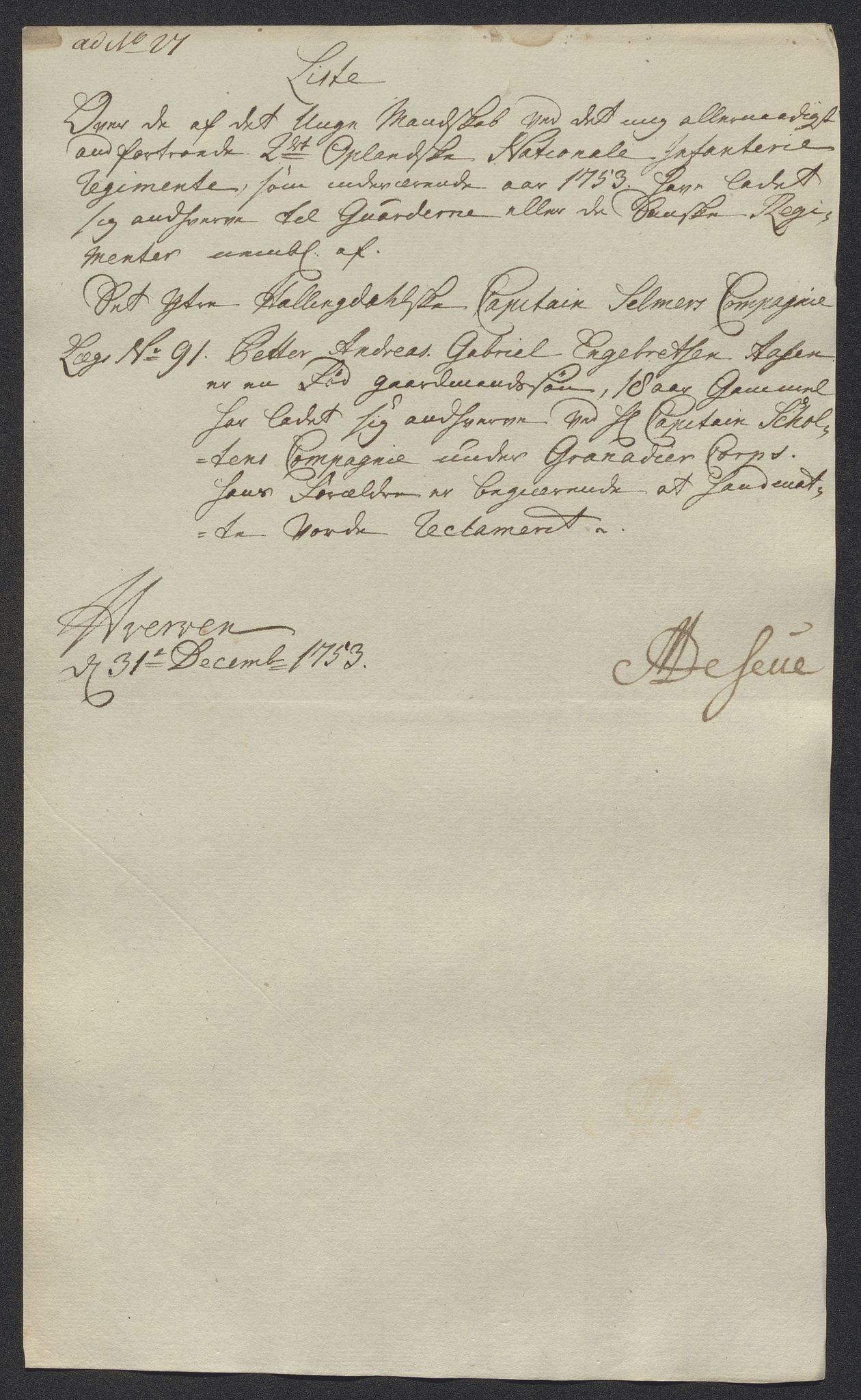 Kommanderende general (KG I) med Det norske krigsdirektorium, AV/RA-EA-5419/D/L0398: 2. Opplandske nasjonale infanteriregiment: Lister, 1745-1767, s. 341