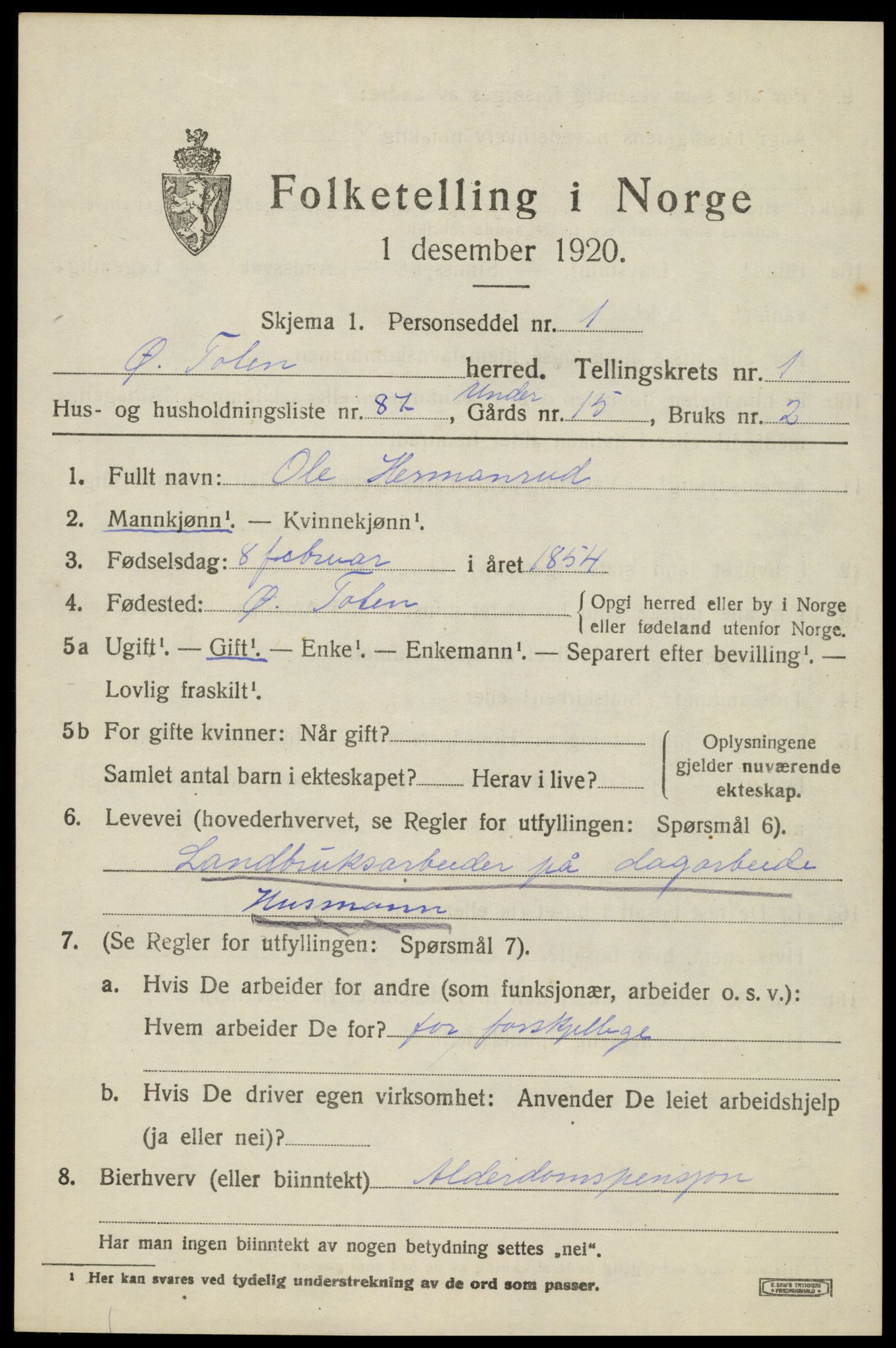 SAH, Folketelling 1920 for 0528 Østre Toten herred, 1920, s. 4342