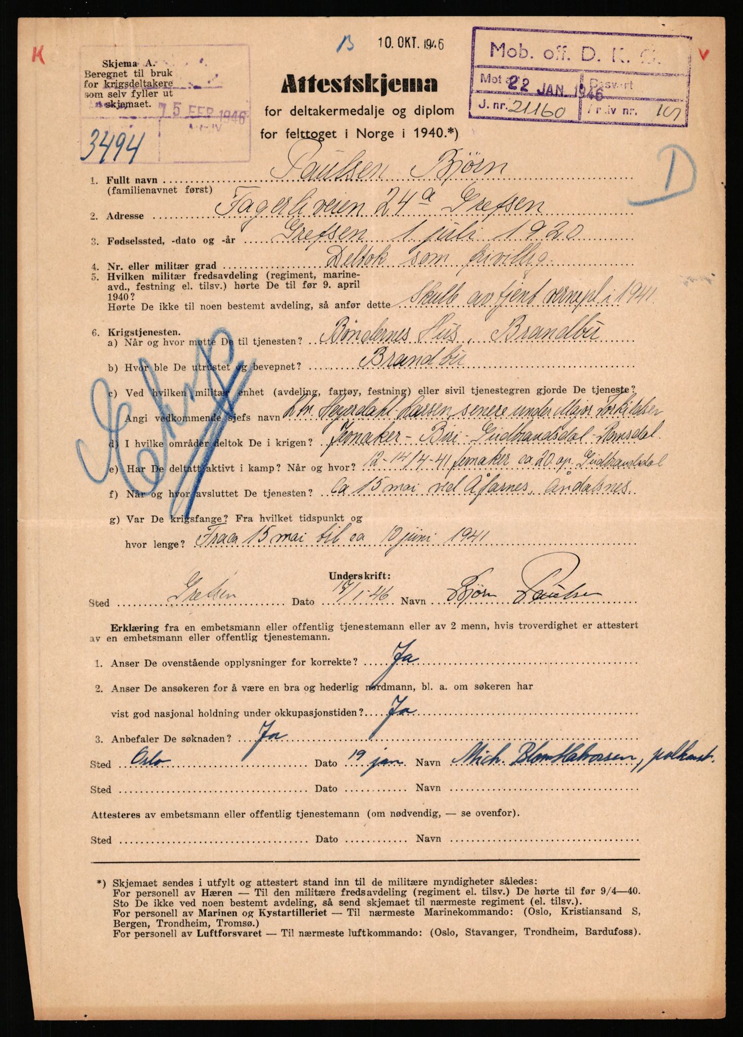 Forsvaret, Jegerkorpset - Akershus infantriregiment nr. 4, AV/RA-RAFA-2947/D/Dd/L0056: DELTAKERMEDALJEN 2. VERDENSKRIG BOKS 4 N-Ø, 1945-1950, s. 221