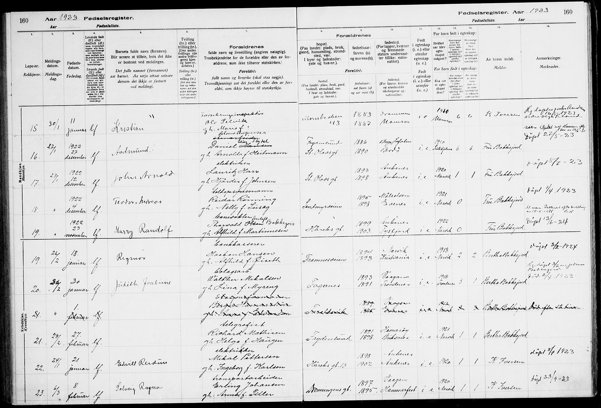 Ministerialprotokoller, klokkerbøker og fødselsregistre - Nordland, AV/SAT-A-1459/871/L1013: Fødselsregister nr. 871.II.4.1, 1916-1924, s. 160