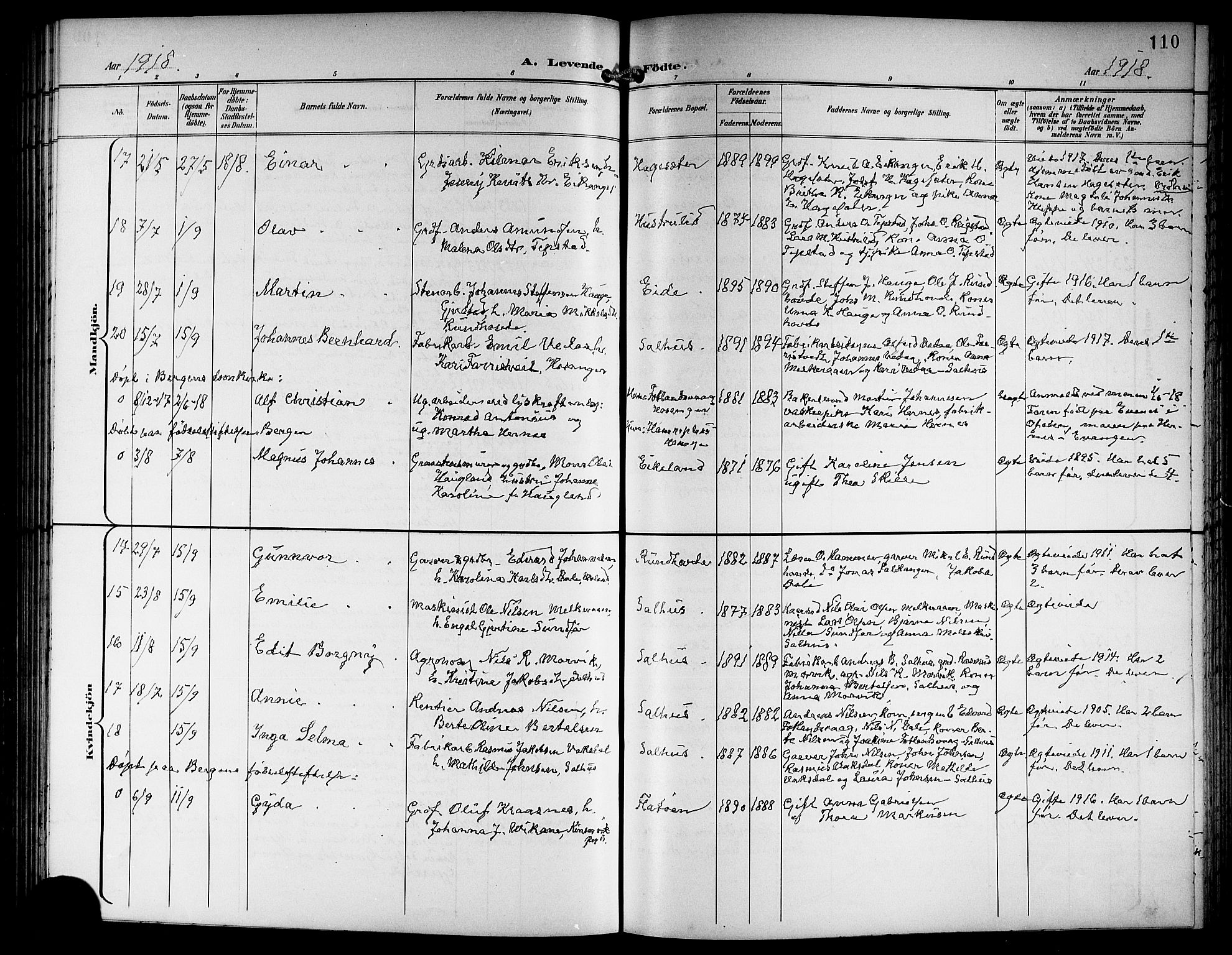 Hamre sokneprestembete, AV/SAB-A-75501/H/Ha/Hab: Klokkerbok nr. B 4, 1898-1919, s. 110