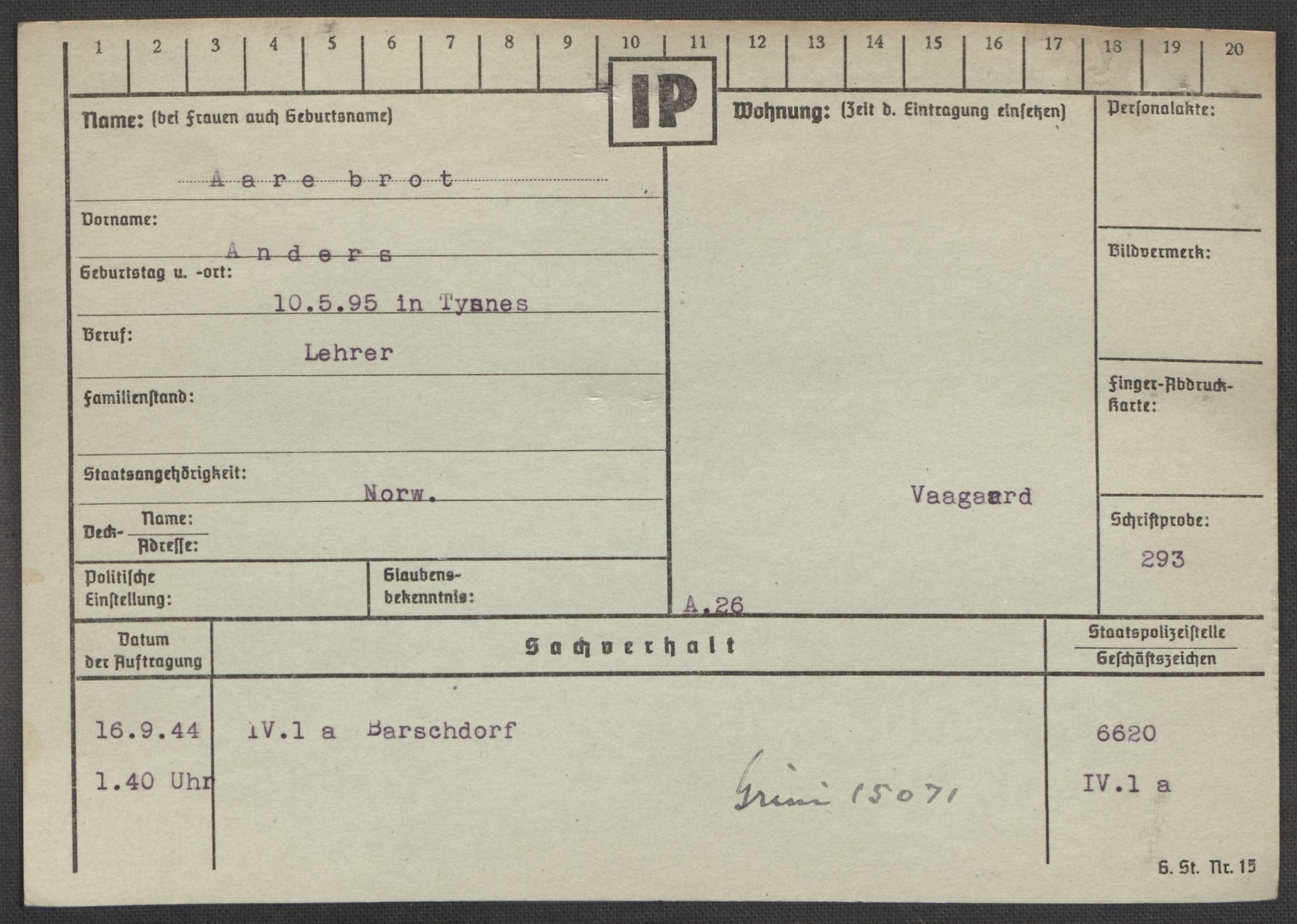 Befehlshaber der Sicherheitspolizei und des SD, RA/RAFA-5969/E/Ea/Eaa/L0010: Register over norske fanger i Møllergata 19: Sø-Å, 1940-1945, s. 1452
