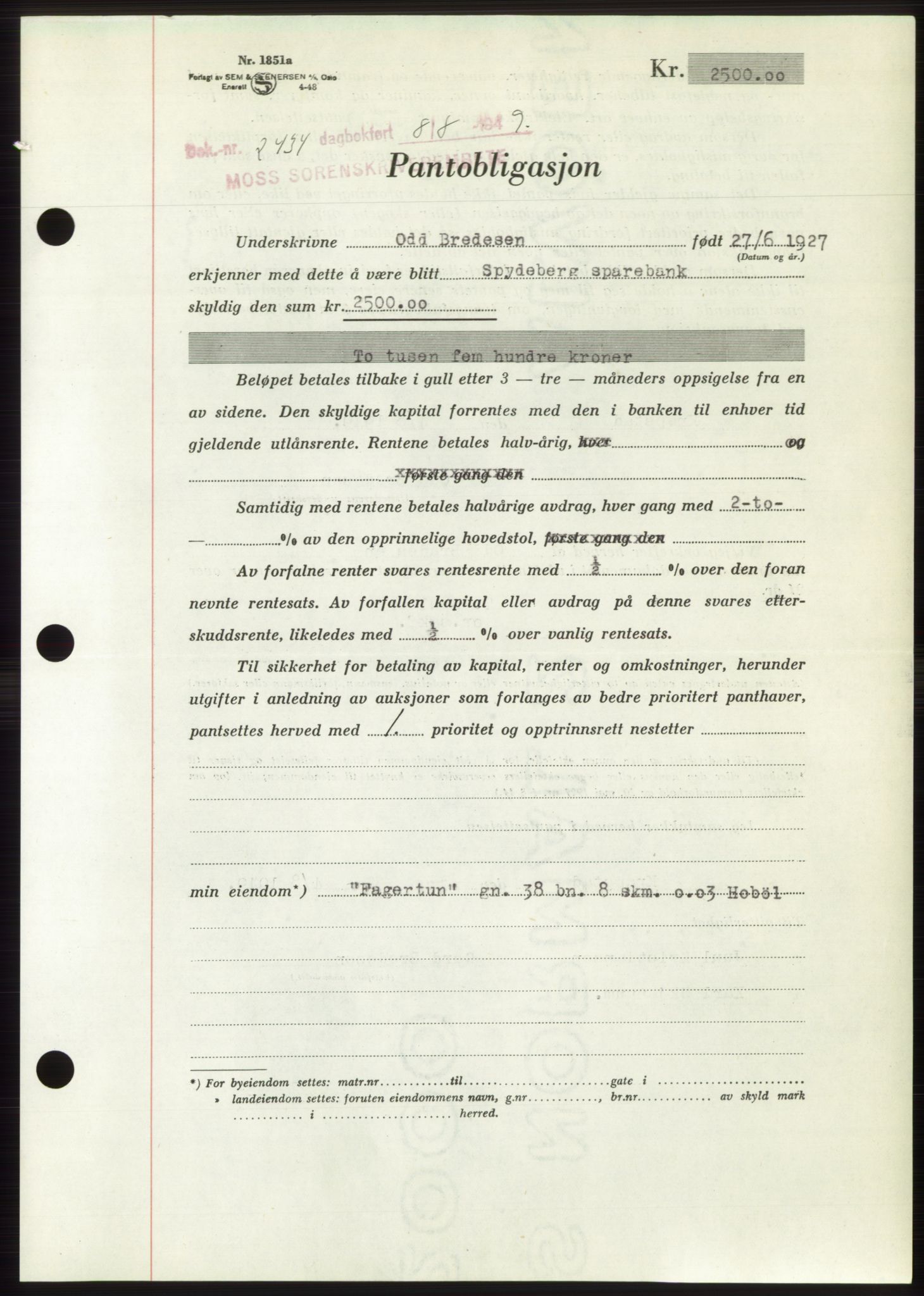 Moss sorenskriveri, SAO/A-10168: Pantebok nr. B22, 1949-1949, Dagboknr: 2434/1949