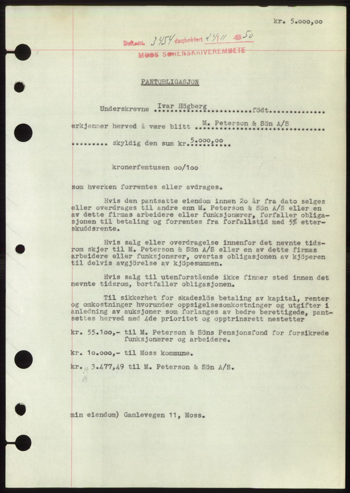 Moss sorenskriveri, SAO/A-10168: Pantebok nr. B25, 1950-1950, Dagboknr: 3454/1950