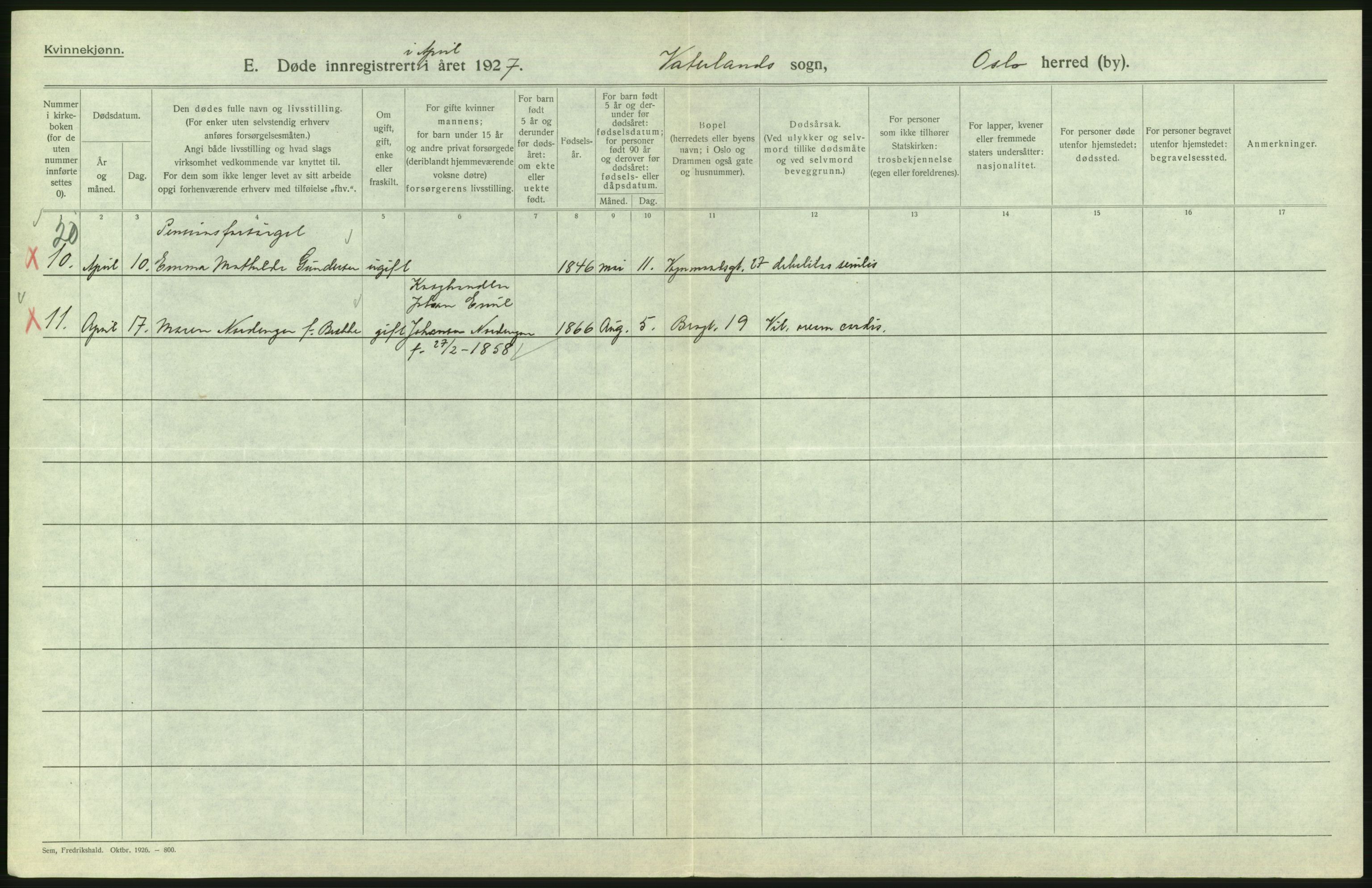 Statistisk sentralbyrå, Sosiodemografiske emner, Befolkning, AV/RA-S-2228/D/Df/Dfc/Dfcg/L0010: Oslo: Døde kvinner, dødfødte, 1927, s. 590