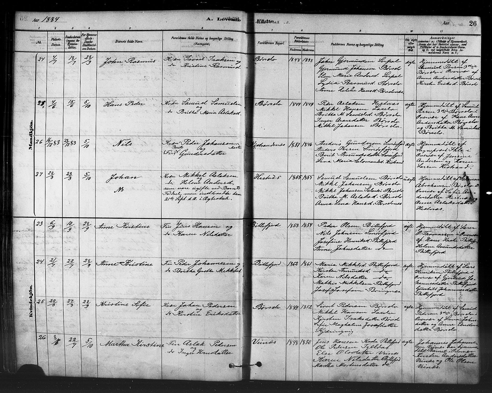 Kistrand/Porsanger sokneprestembete, AV/SATØ-S-1351/H/Ha/L0007.kirke: Ministerialbok nr. 7, 1881-1889, s. 26