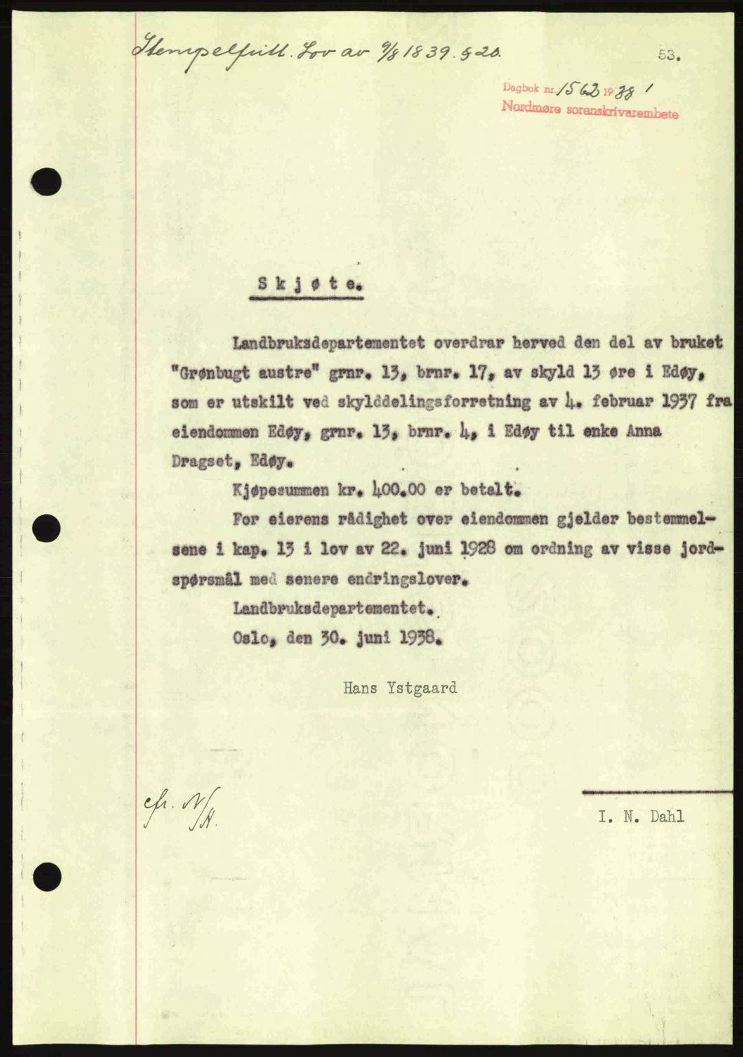 Nordmøre sorenskriveri, AV/SAT-A-4132/1/2/2Ca: Pantebok nr. A84, 1938-1938, Dagboknr: 1562/1938