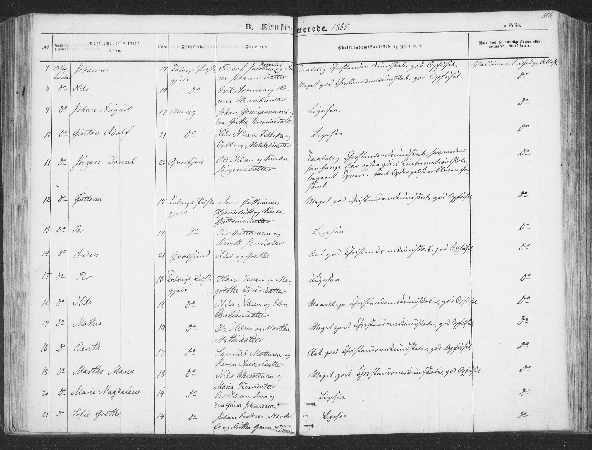 Talvik sokneprestkontor, AV/SATØ-S-1337/H/Ha/L0010kirke: Ministerialbok nr. 10, 1852-1864, s. 106