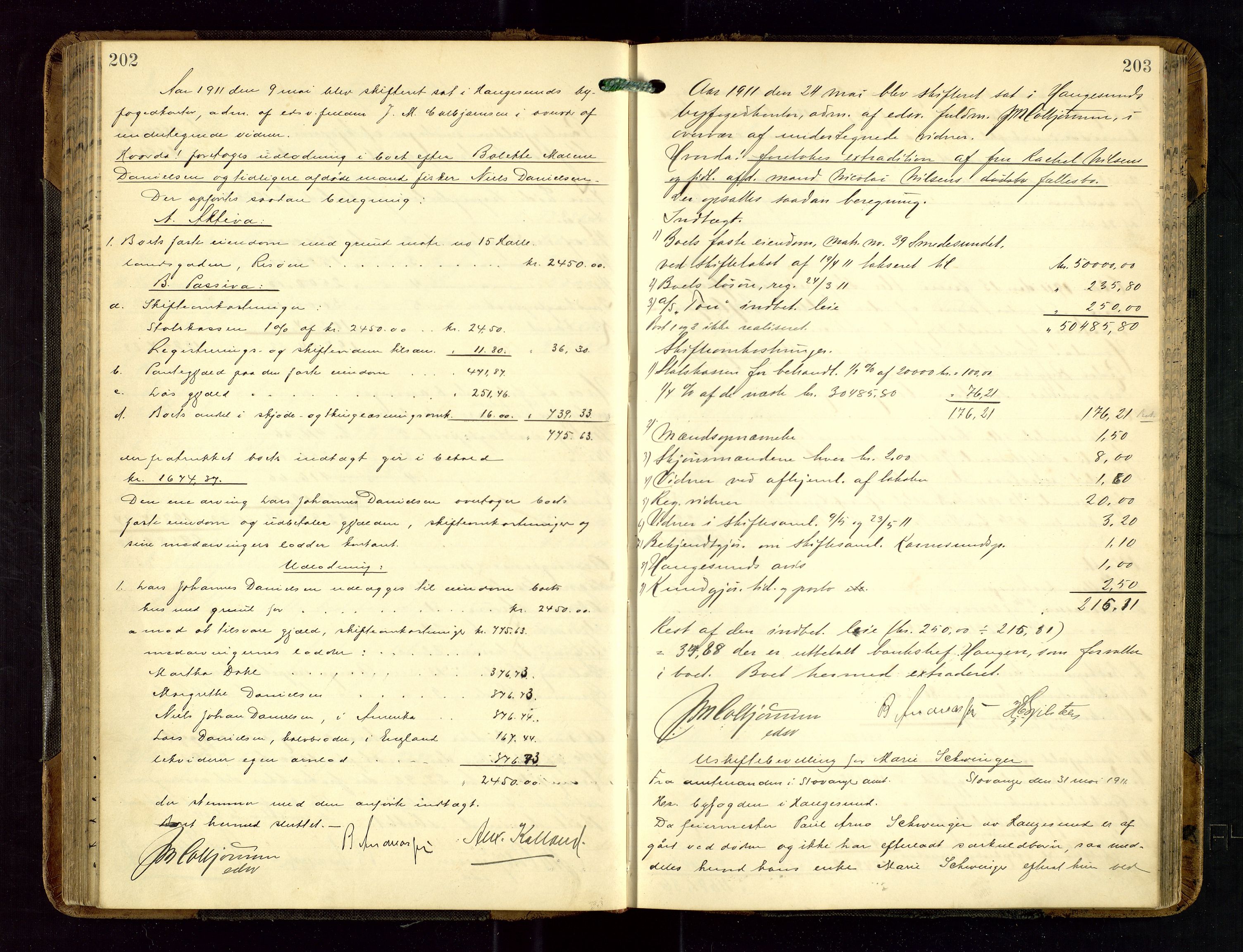 Haugesund tingrett, SAST/A-101415/01/IV/IVD/L0002: Skifteutlodningsprotokoll, med register, 1904-1915, s. 202-203