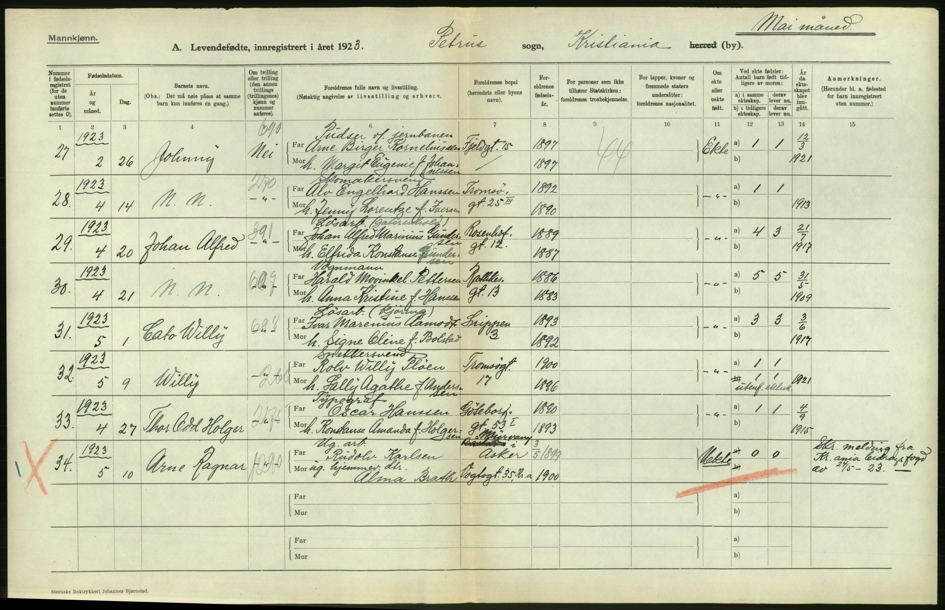 Statistisk sentralbyrå, Sosiodemografiske emner, Befolkning, AV/RA-S-2228/D/Df/Dfc/Dfcc/L0006: Kristiania: Levendefødte menn og kvinner., 1923, s. 258