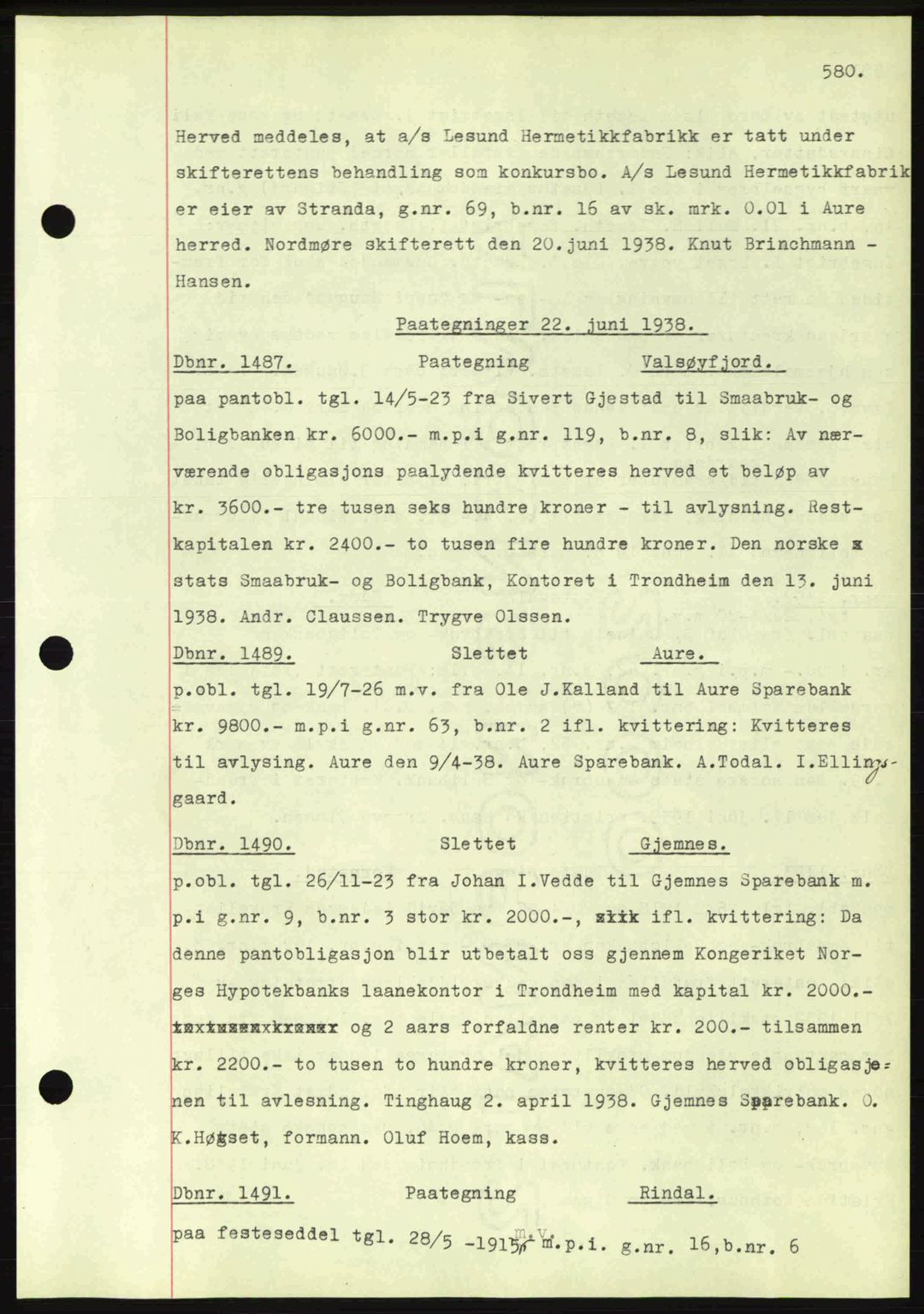 Nordmøre sorenskriveri, SAT/A-4132/1/2/2Ca: Pantebok nr. C80, 1936-1939, Dagboknr: 1487/1938