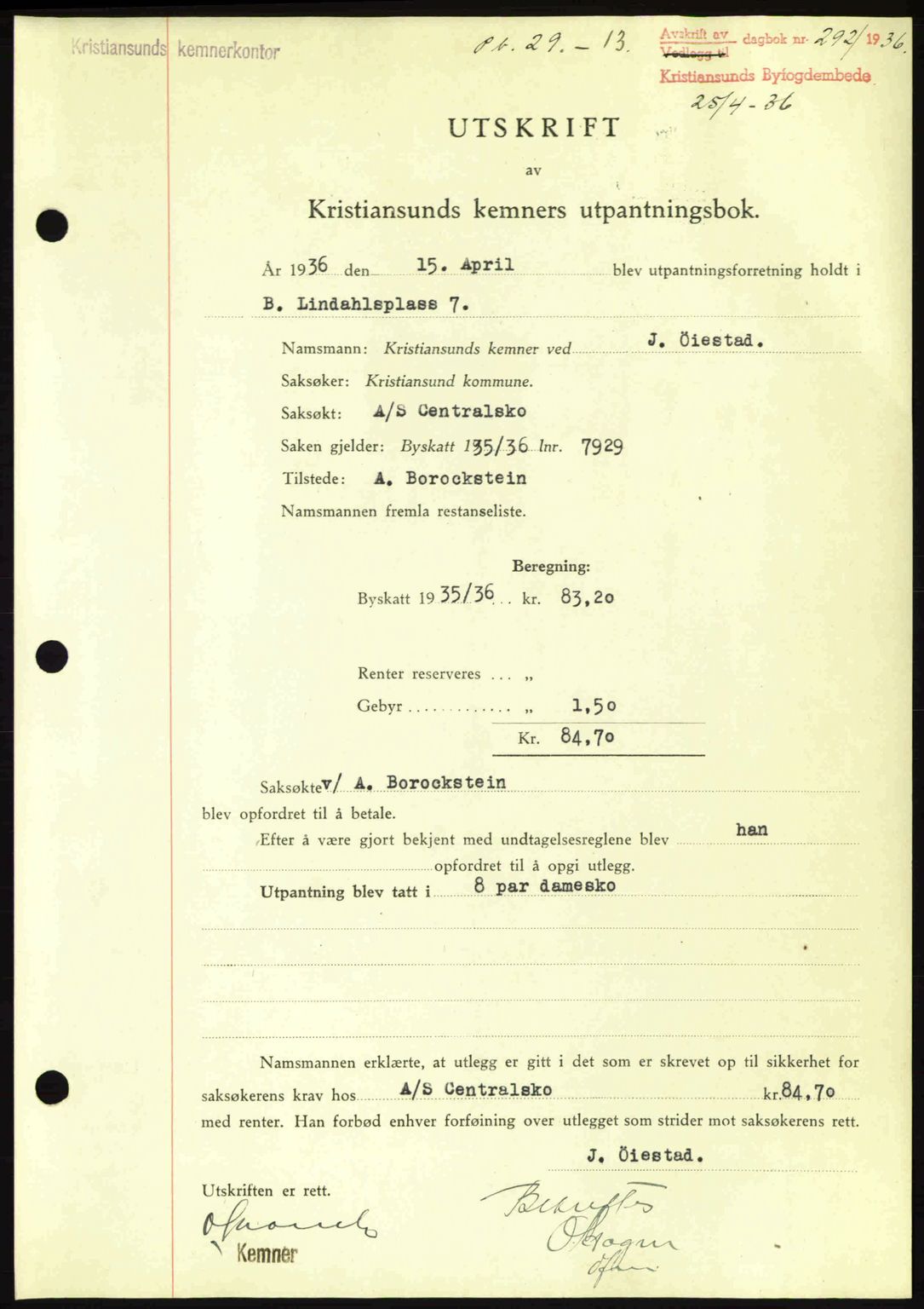Kristiansund byfogd, SAT/A-4587/A/27: Pantebok nr. 29, 1936-1937, Dagboknr: 292/1936