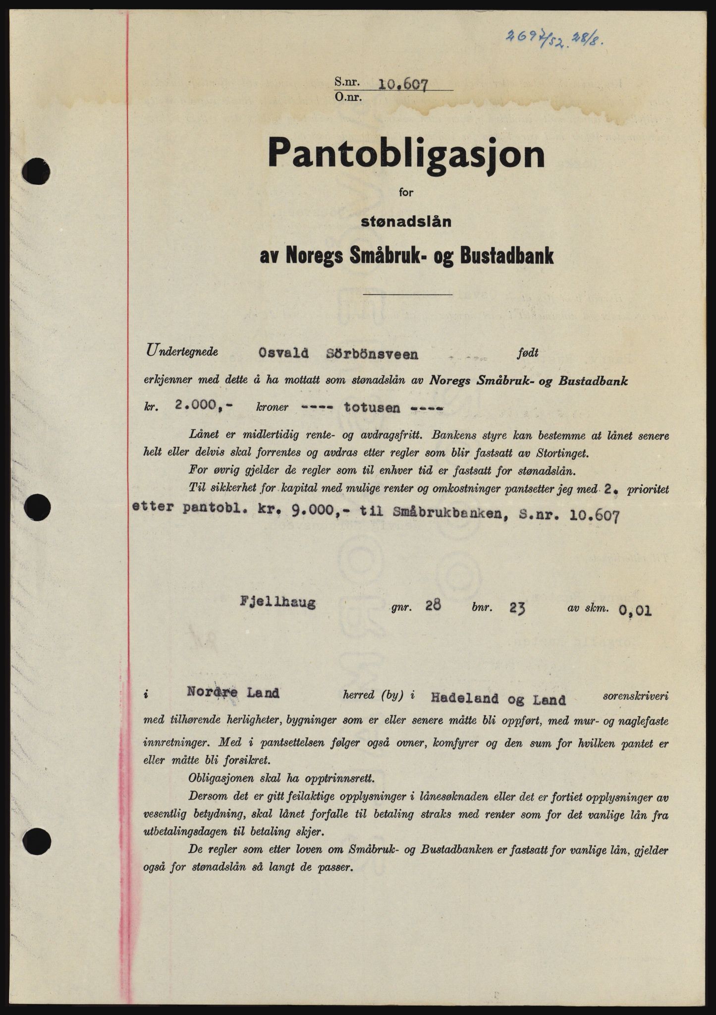 Hadeland og Land tingrett, SAH/TING-010/H/Hb/Hbc/L0024: Pantebok nr. B24, 1952-1952, Dagboknr: 2697/1952