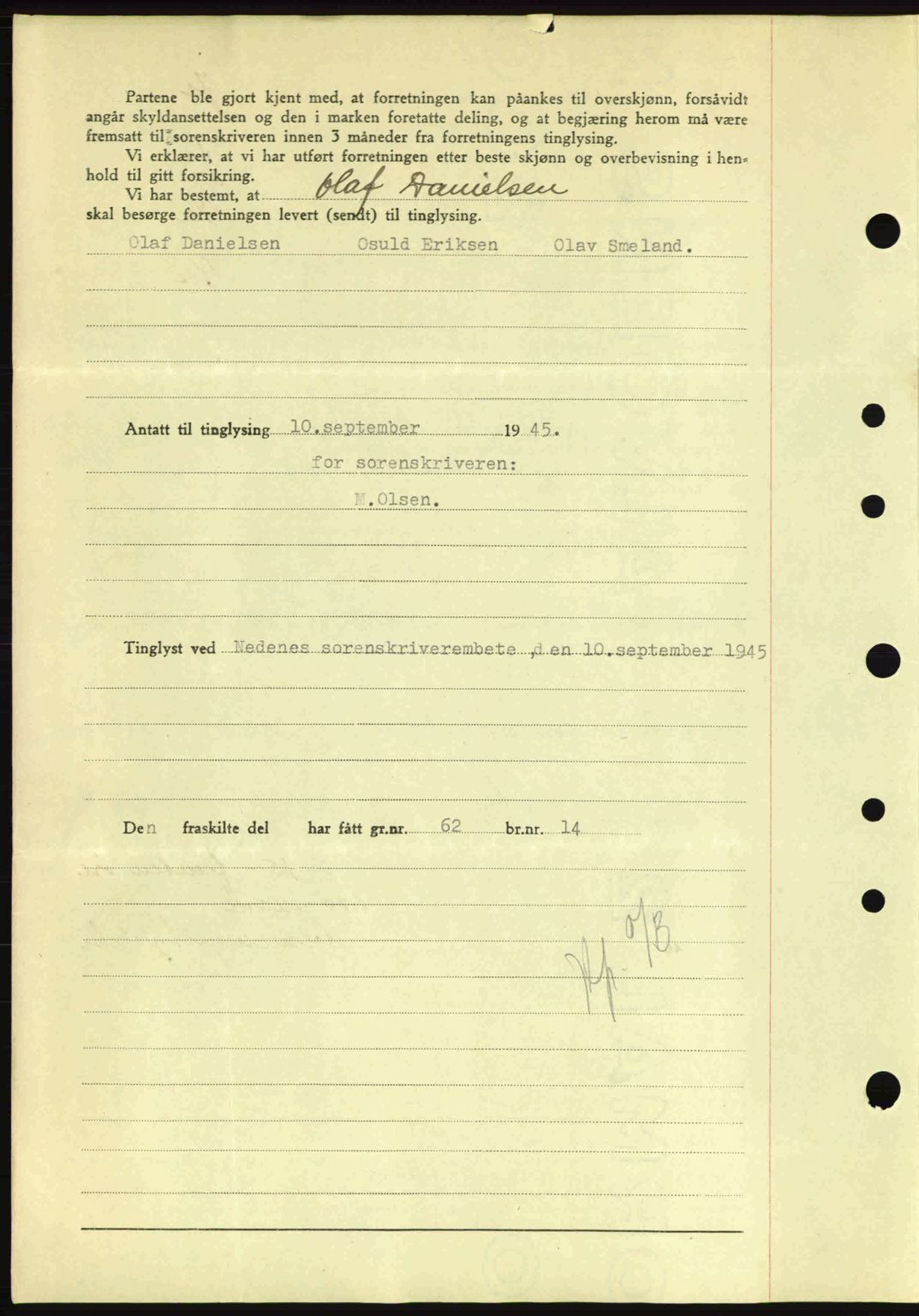 Nedenes sorenskriveri, SAK/1221-0006/G/Gb/Gba/L0052: Pantebok nr. A6a, 1944-1945, Dagboknr: 651/1945