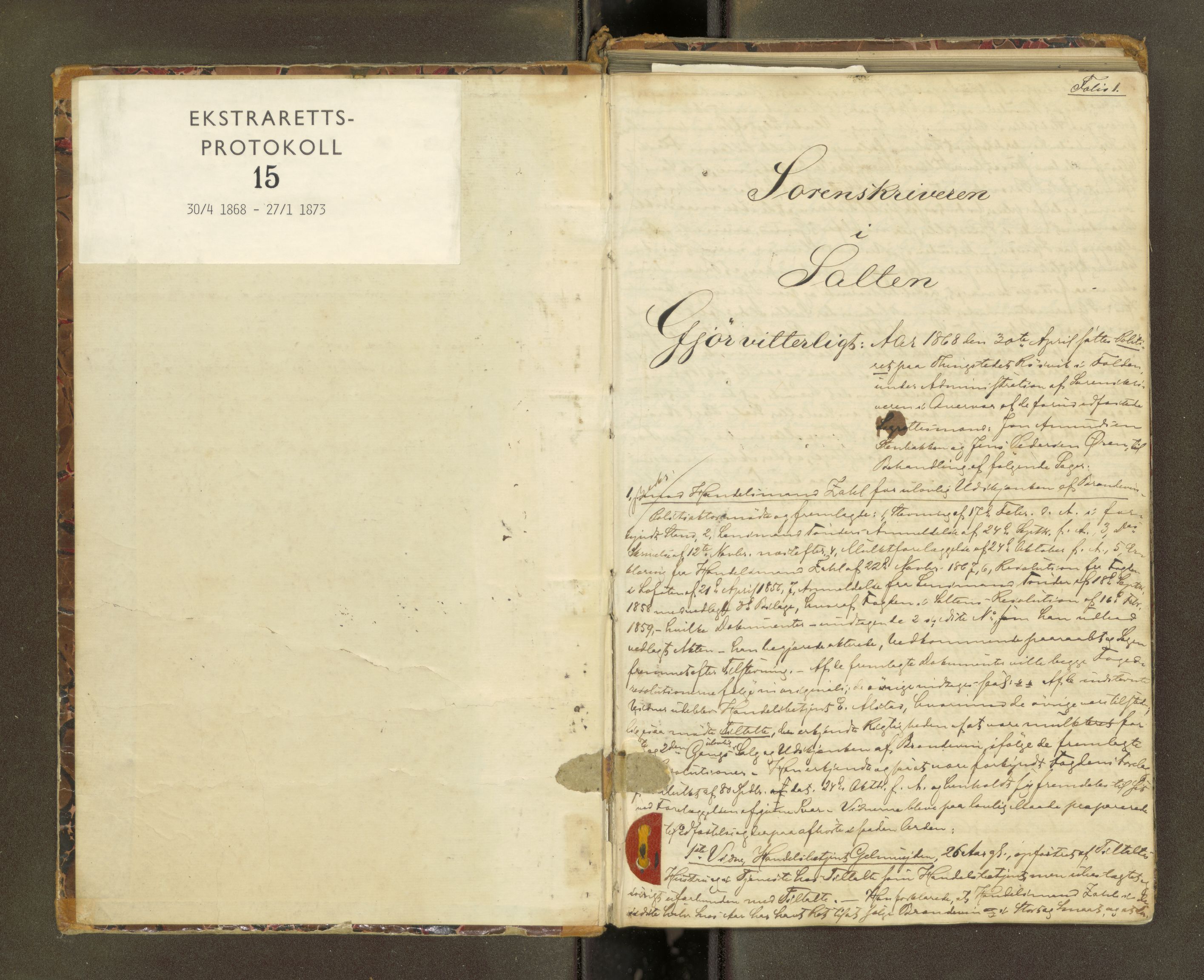 Salten sorenskriveri, AV/SAT-A-4578/1/1/1B/L0017: Ekstrarettsprot. nr. 15, 1868-1873, s. 1a