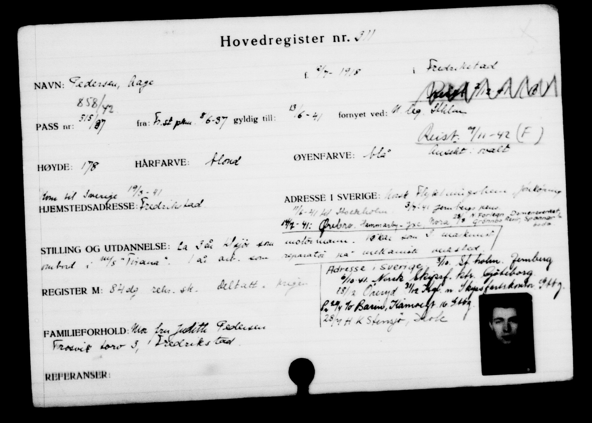 Utenriksstasjonene, Legasjonen i Stockholm, Flyktningkontoret, AV/RA-S-6753/V/Va/L0001: Kjesäterkartoteket, flyktninger med registreringsnr. 1-1000, 1940-1945, s. 498