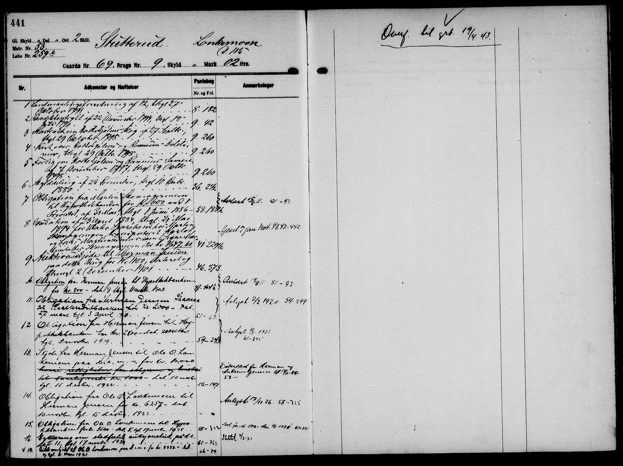 Solør tingrett, AV/SAH-TING-008/H/Ha/Hak/L0005: Panteregister nr. V, 1900-1935, s. 441