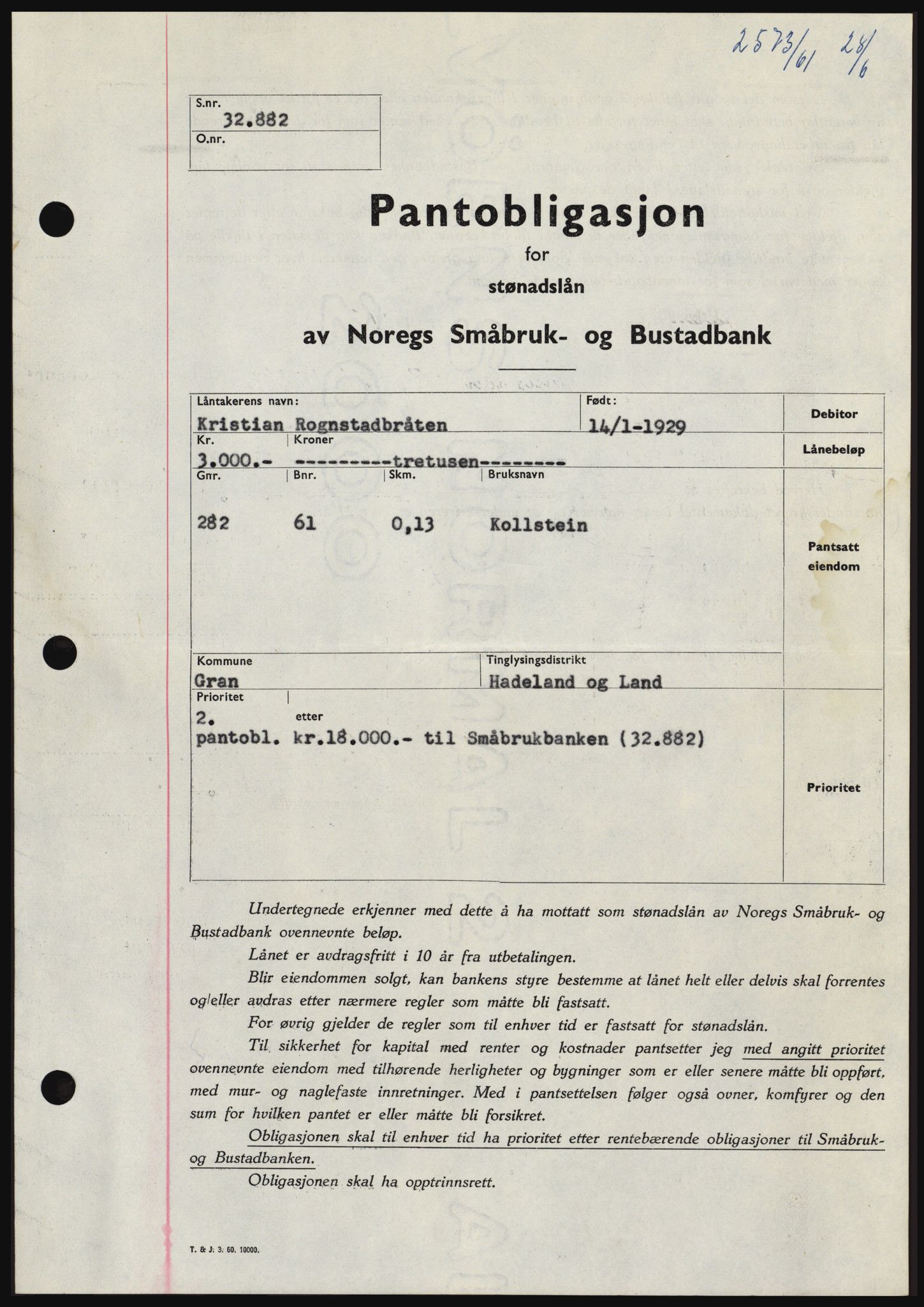 Hadeland og Land tingrett, SAH/TING-010/H/Hb/Hbc/L0046: Pantebok nr. B46, 1961-1961, Dagboknr: 2573/1961