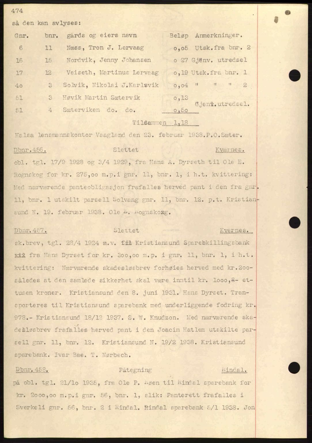 Nordmøre sorenskriveri, SAT/A-4132/1/2/2Ca: Pantebok nr. C80, 1936-1939, Dagboknr: 456/1938