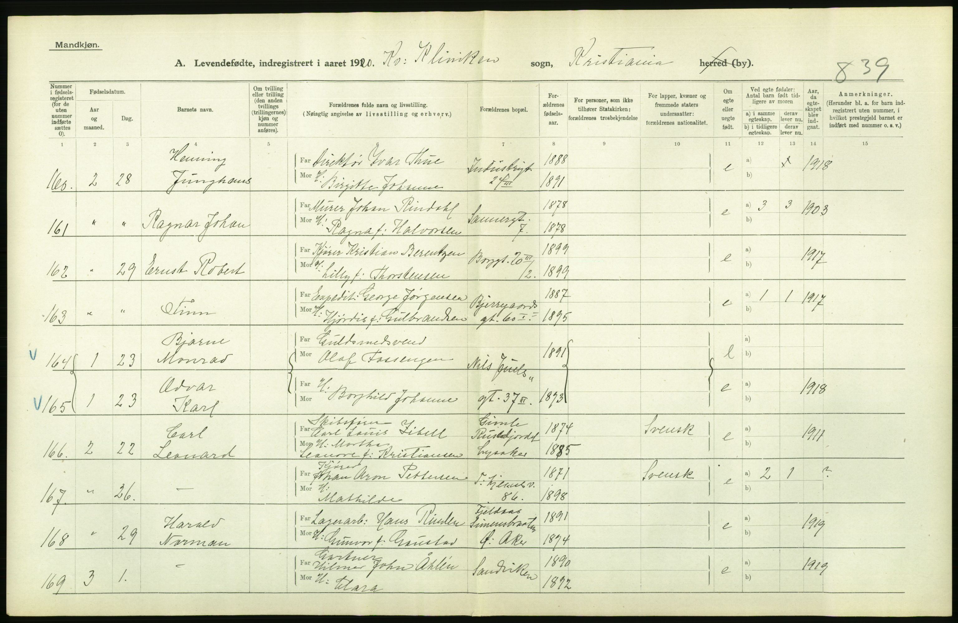 Statistisk sentralbyrå, Sosiodemografiske emner, Befolkning, AV/RA-S-2228/D/Df/Dfb/Dfbj/L0008: Kristiania: Levendefødte menn og kvinner., 1920, s. 356