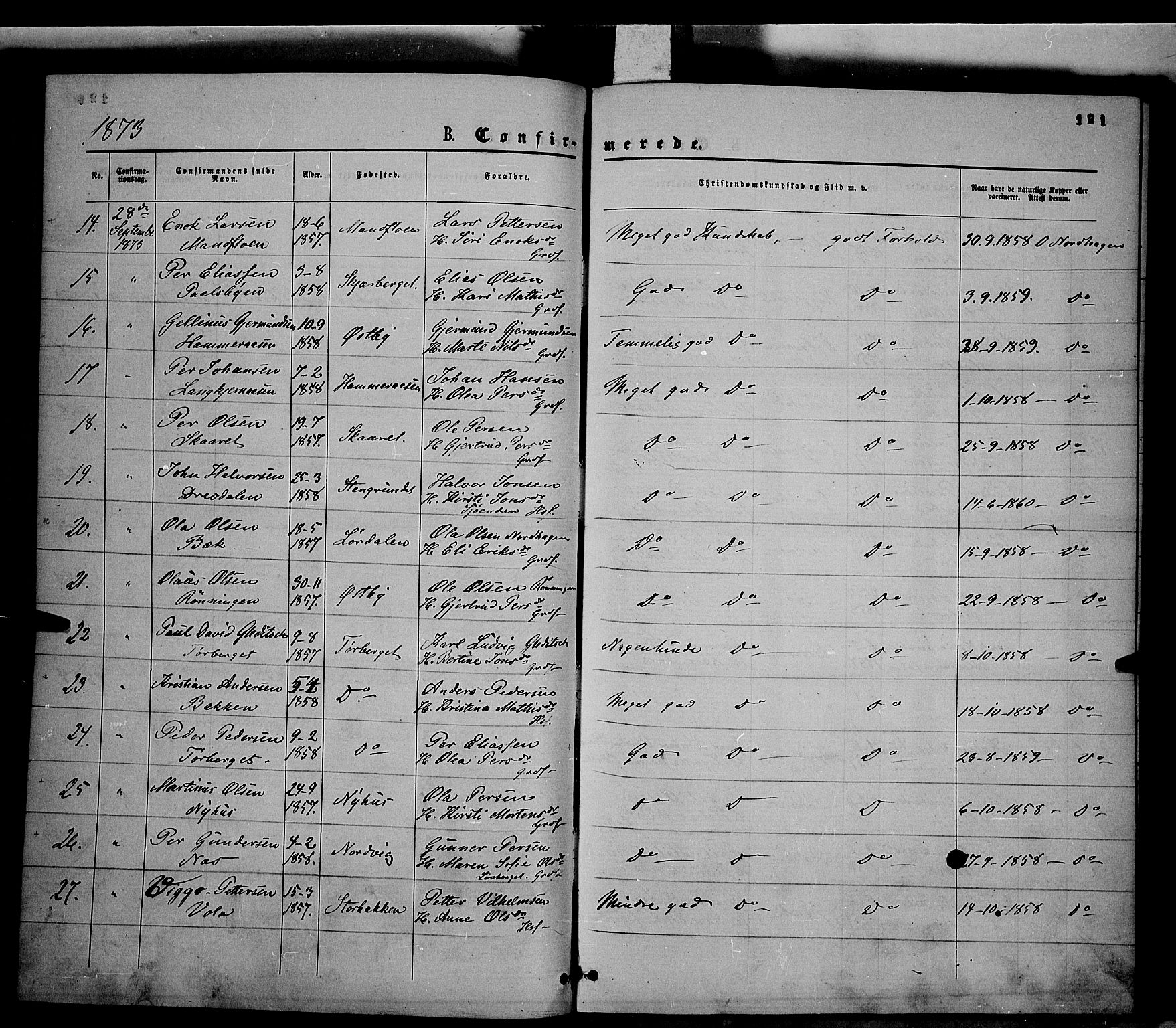 Trysil prestekontor, AV/SAH-PREST-046/H/Ha/Haa/L0006: Ministerialbok nr. 6, 1866-1873, s. 121