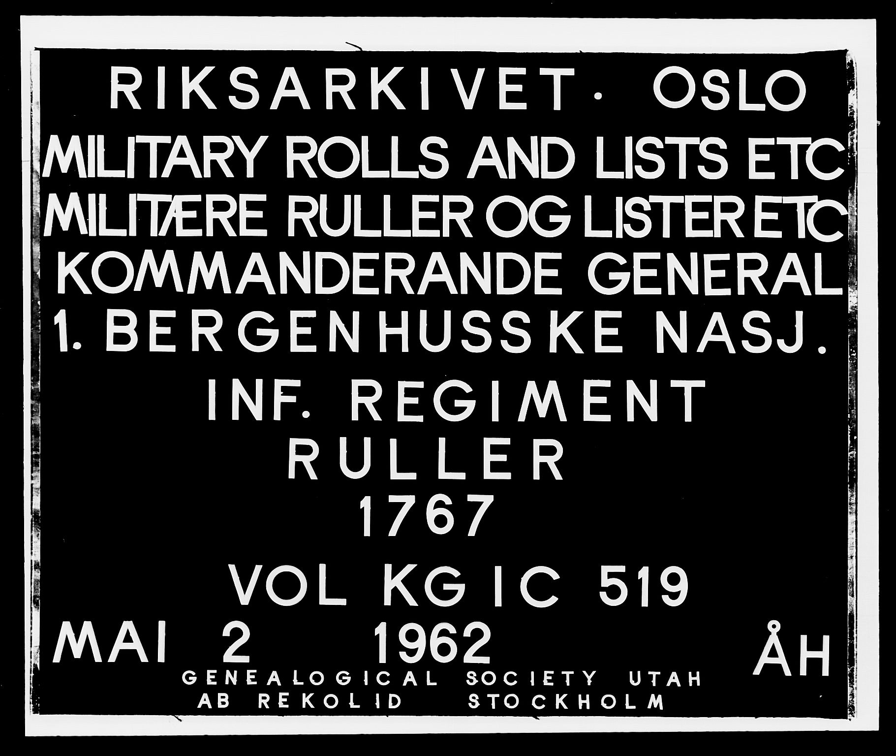 Kommanderende general (KG I) med Det norske krigsdirektorium, RA/EA-5419/E/Ea/L0519: 1. Bergenhusiske regiment, 1767, s. 1