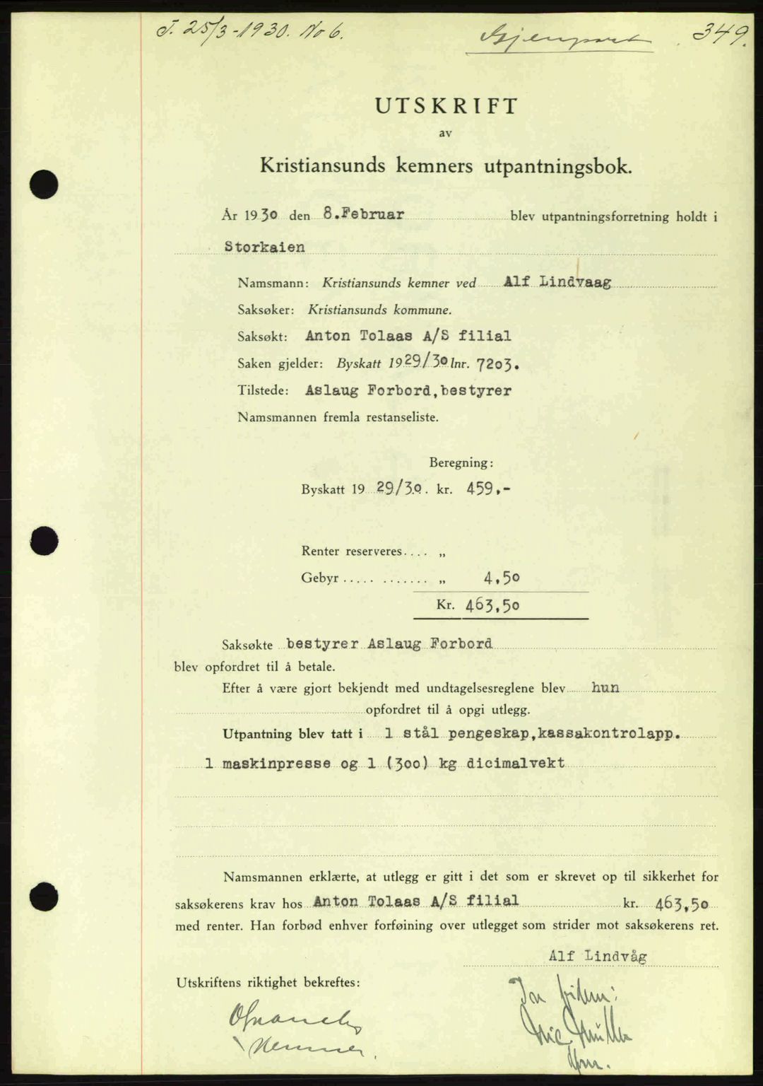 Kristiansund byfogd, AV/SAT-A-4587/A/27: Pantebok nr. 23, 1929-1930, Tingl.dato: 25.03.1930