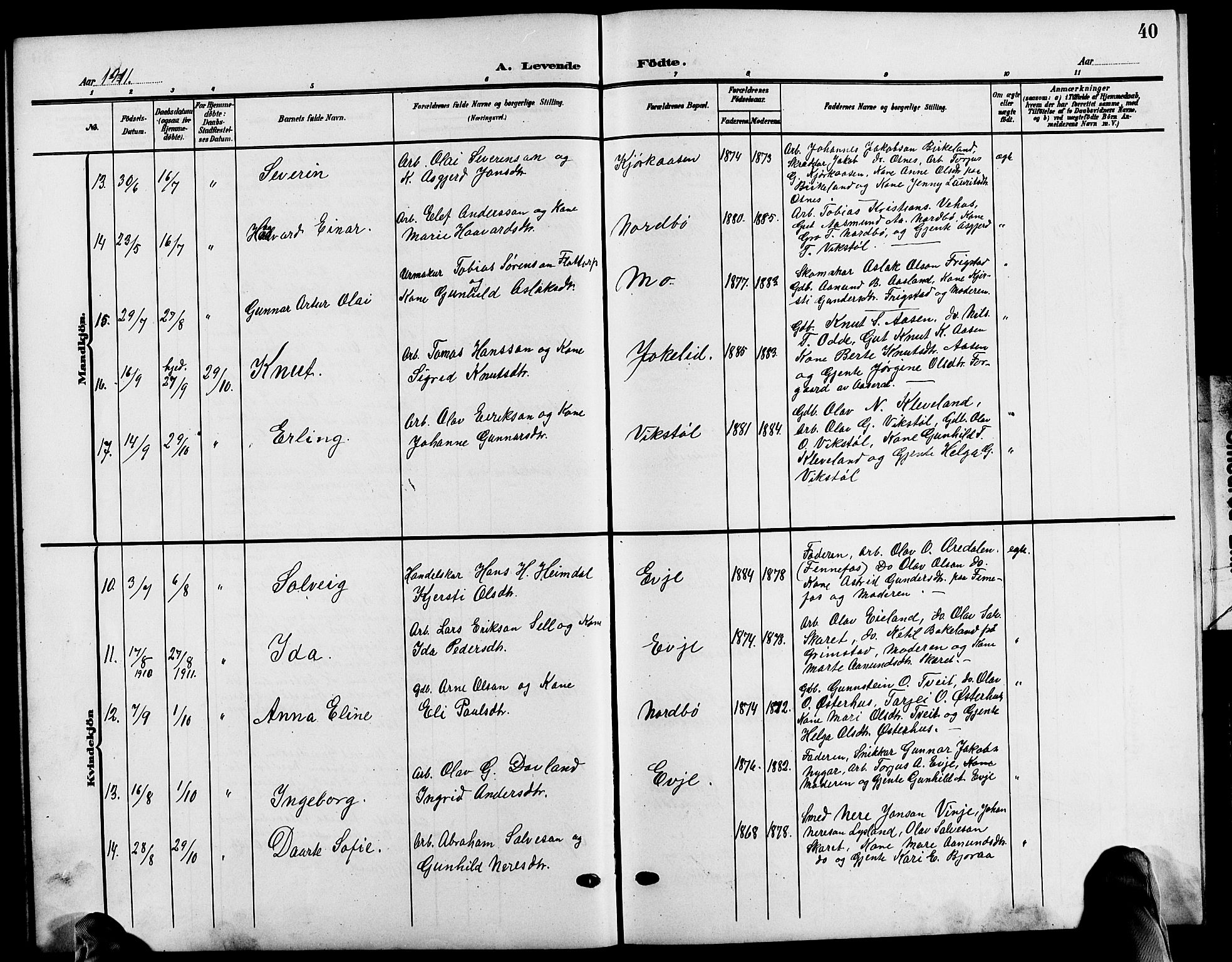 Evje sokneprestkontor, AV/SAK-1111-0008/F/Fb/Fba/L0004: Klokkerbok nr. B 4, 1899-1914, s. 40