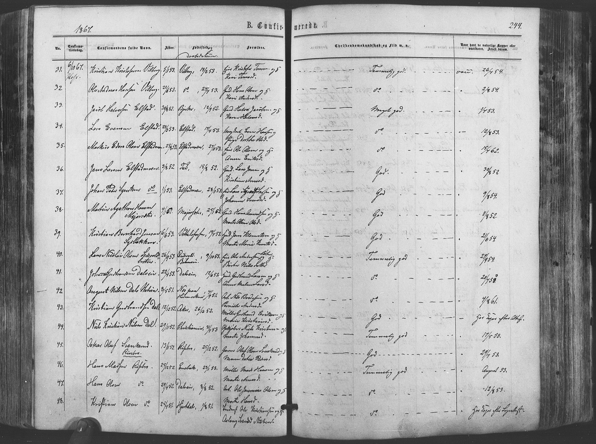 Ullensaker prestekontor Kirkebøker, SAO/A-10236a/F/Fa/L0016: Ministerialbok nr. I 16, 1863-1875, s. 244