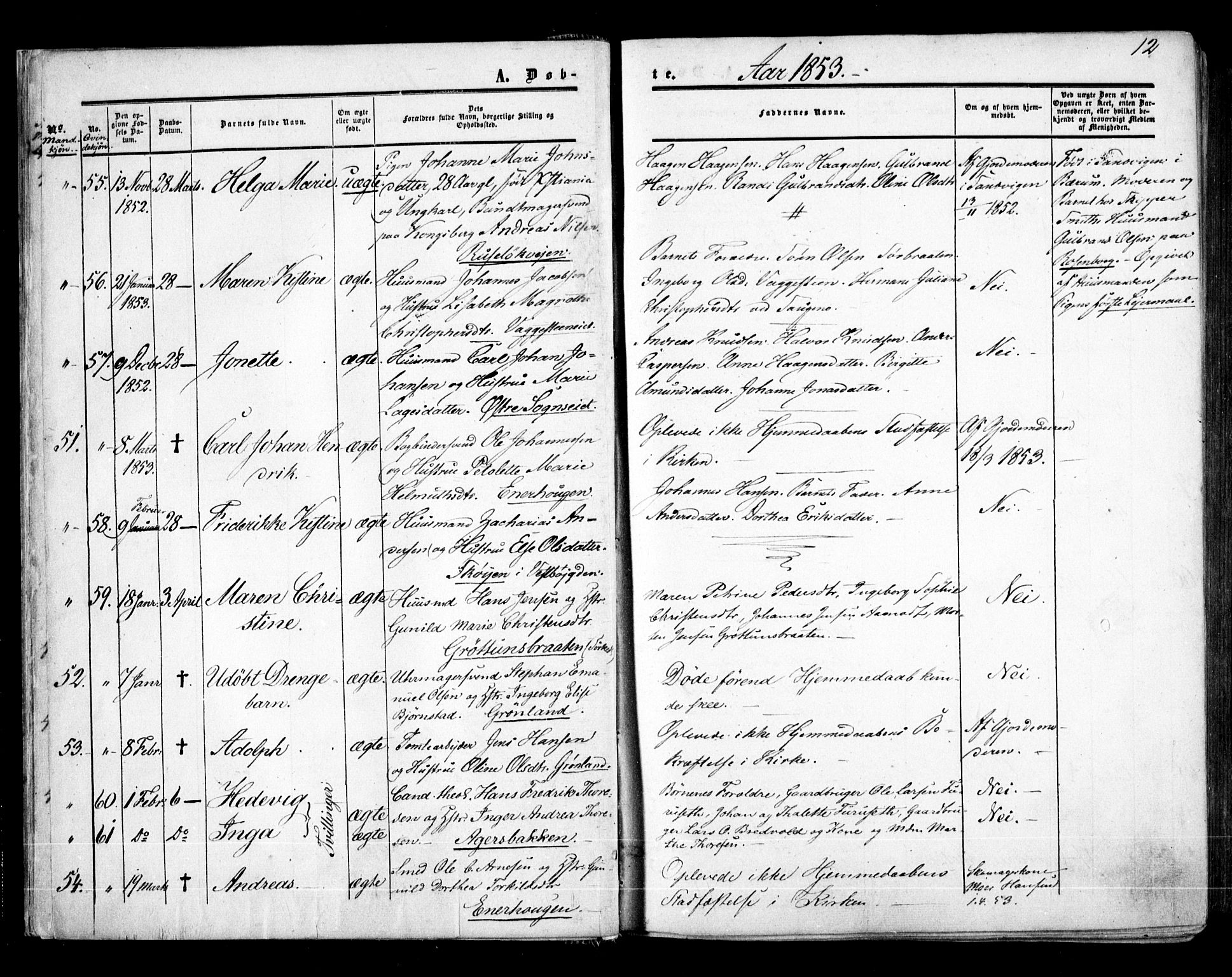 Aker prestekontor kirkebøker, AV/SAO-A-10861/F/L0020: Ministerialbok nr. 20, 1853-1857, s. 12