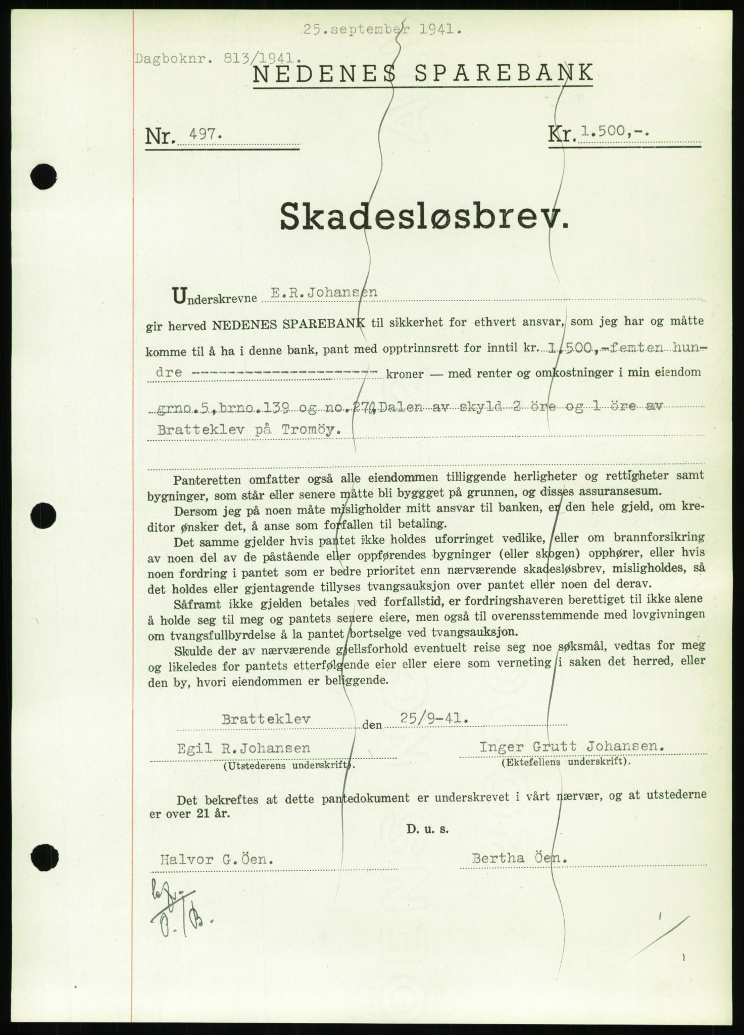 Nedenes sorenskriveri, SAK/1221-0006/G/Gb/Gbb/L0001: Pantebok nr. I, 1939-1942, Dagboknr: 813/1941