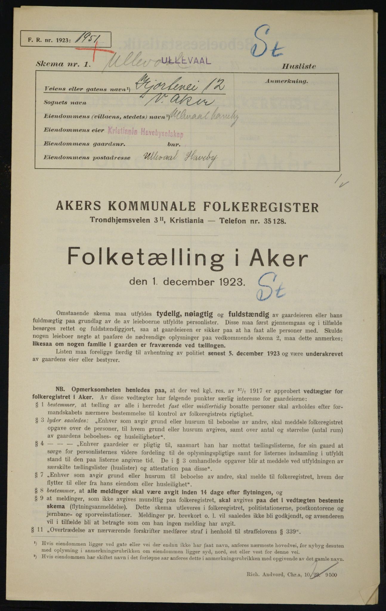 , Kommunal folketelling 1.12.1923 for Aker, 1923, s. 20685