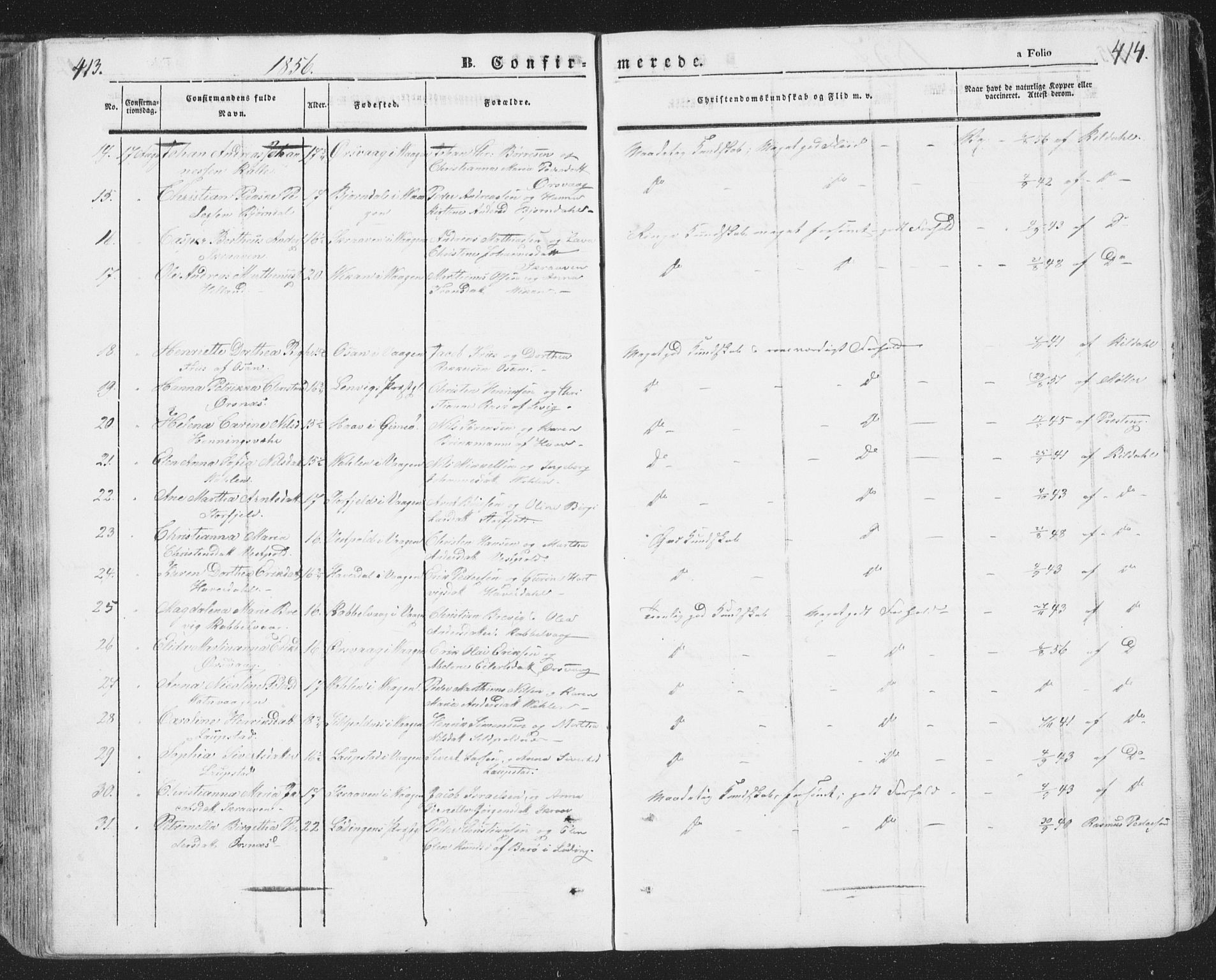 Ministerialprotokoller, klokkerbøker og fødselsregistre - Nordland, SAT/A-1459/874/L1072: Klokkerbok nr. 874C01, 1843-1859, s. 413-414