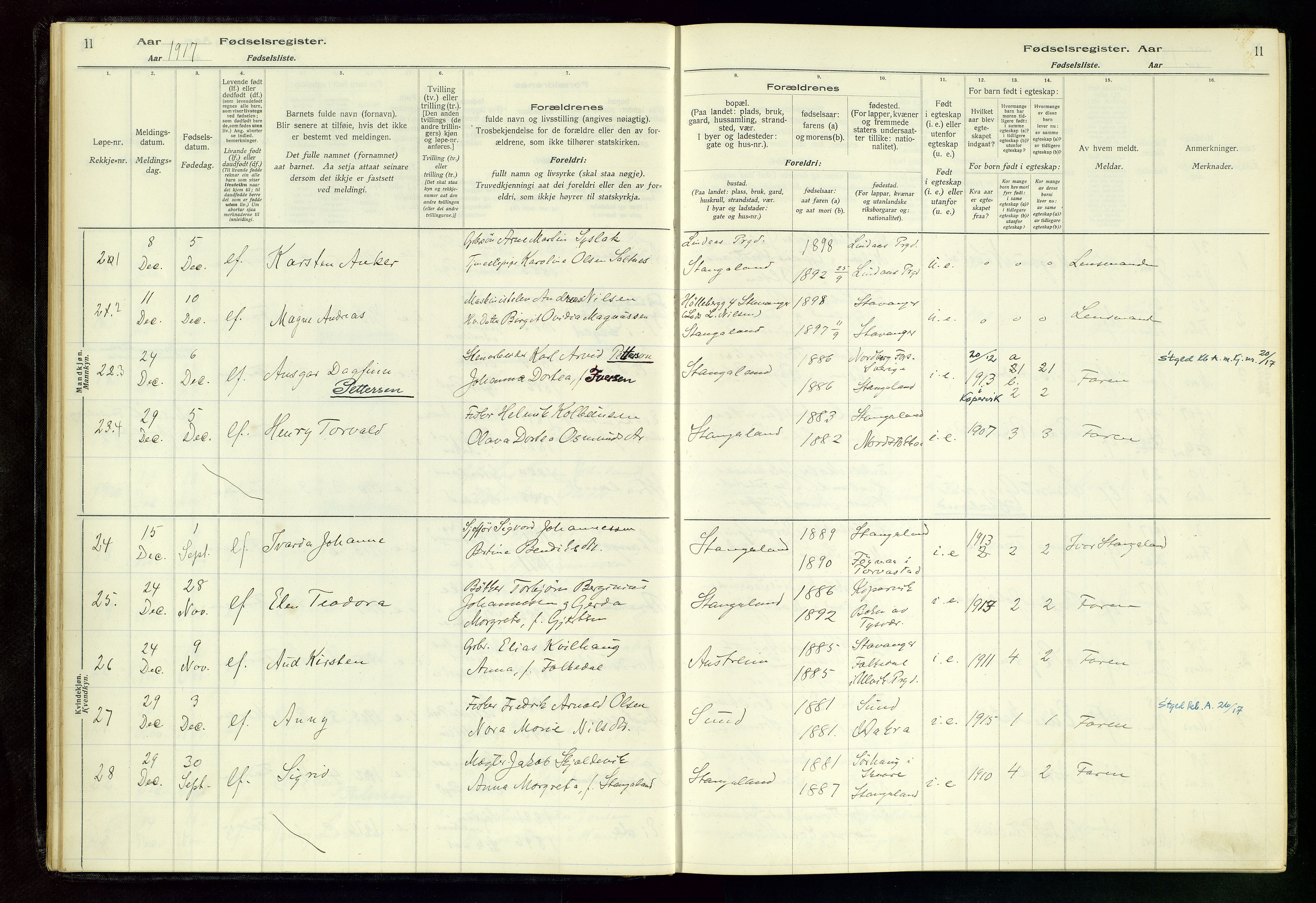 Kopervik sokneprestkontor, AV/SAST-A-101850/I/Id/L0004: Fødselsregister nr. 4, 1916-1958, s. 11