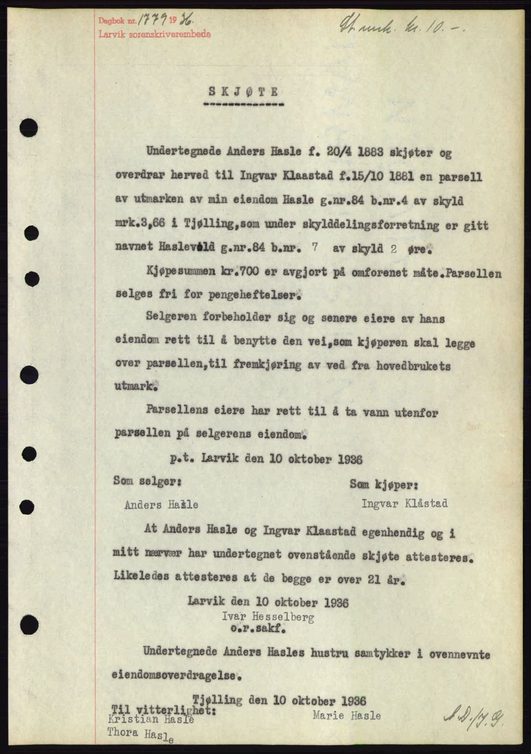 Larvik sorenskriveri, SAKO/A-83/G/Ga/Gab/L0067: Pantebok nr. A-1, 1936-1937, Dagboknr: 1779/1936
