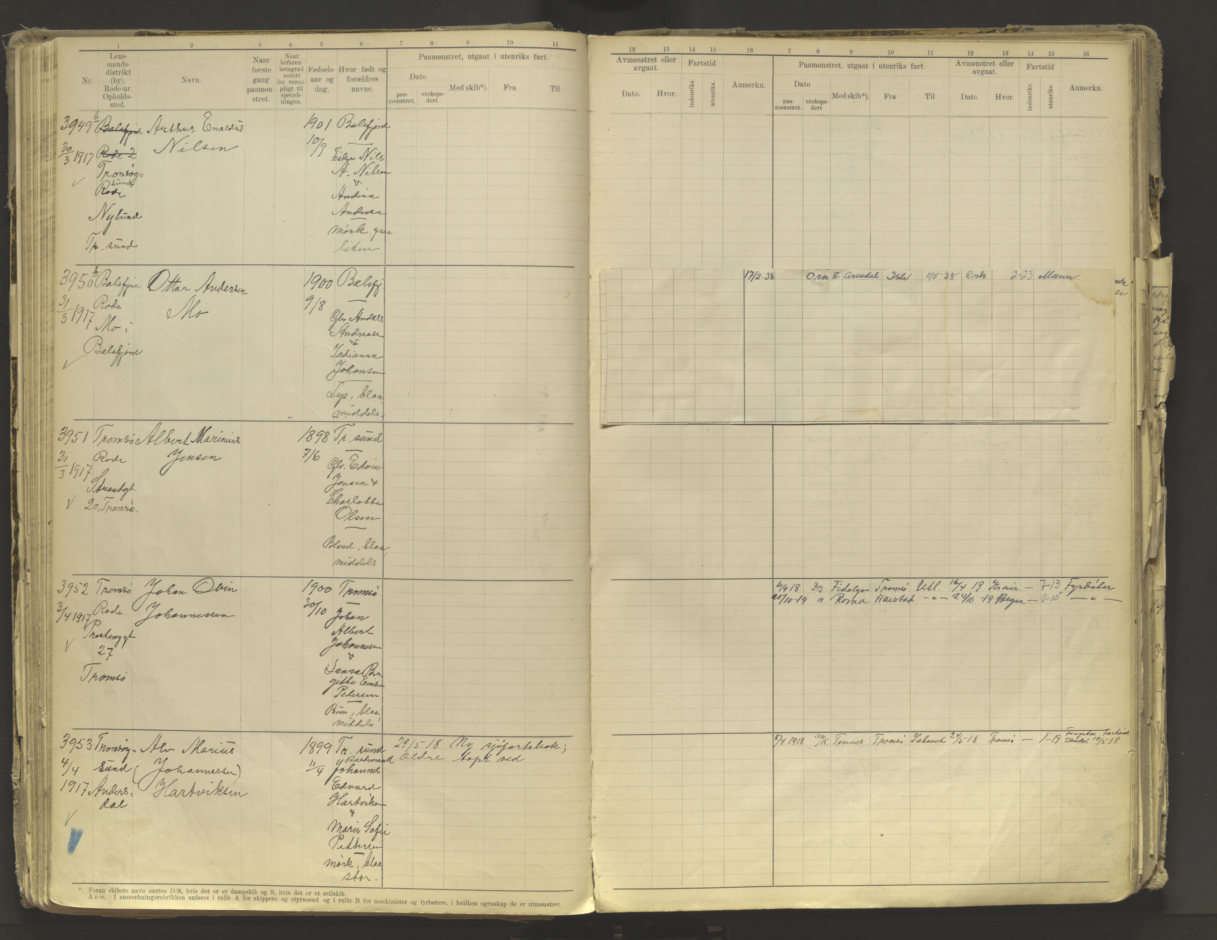 Tromsø sjømannskontor/innrullerings-/mønstringsdistrikt, AV/SATØ-S-0243/F/Fb/L0010: Annotasjonsrulle. Defekt: løs innbinding. Nr. 3519-4972, 1916-1920