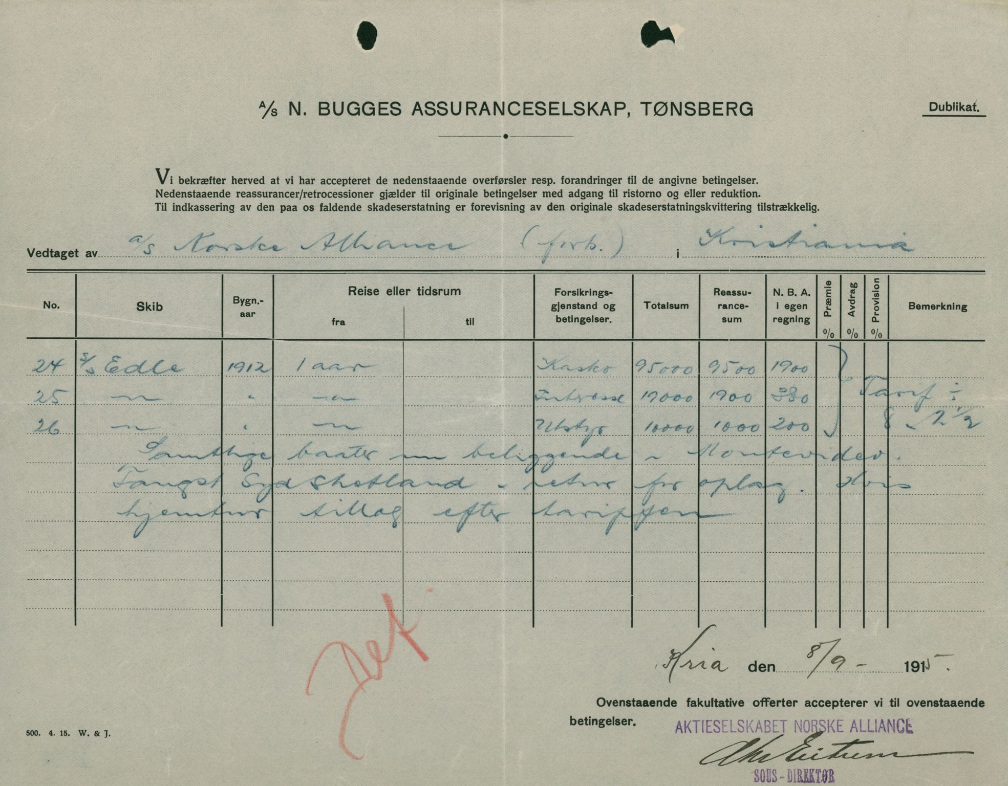 Pa 664 - Tønsberg Sjøforsikringsselskap, VEMU/A-1773/F/L0001: Forsikringspoliser, 1915-1918