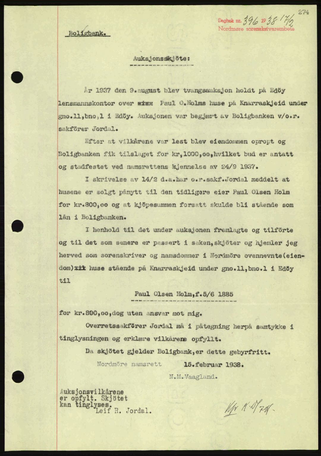Nordmøre sorenskriveri, SAT/A-4132/1/2/2Ca: Pantebok nr. A83, 1938-1938, Dagboknr: 396/1938