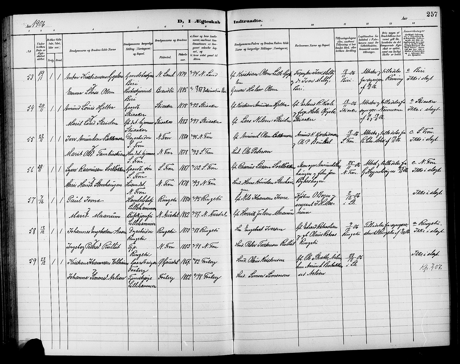 Lillehammer prestekontor, AV/SAH-PREST-088/H/Ha/Hab/L0001: Klokkerbok nr. 1, 1901-1913, s. 257