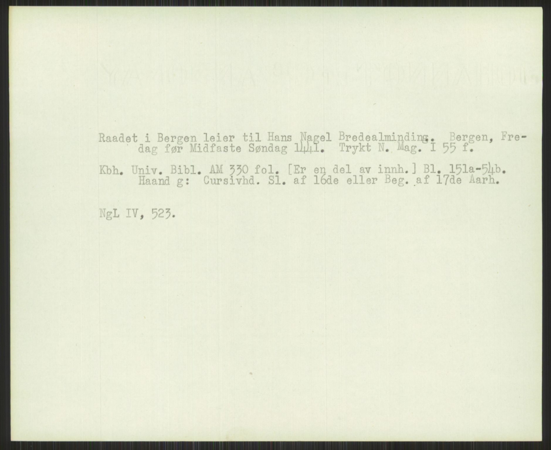 Norsk Historisk Kjeldeskrift-Institutt (NHKI), AV/RA-S-6117/G/Gc/L0030: Tematisk register til Gustav Storms håndskriftbeskrivelser i NgL bd. IV, 1381-1480, s. 336