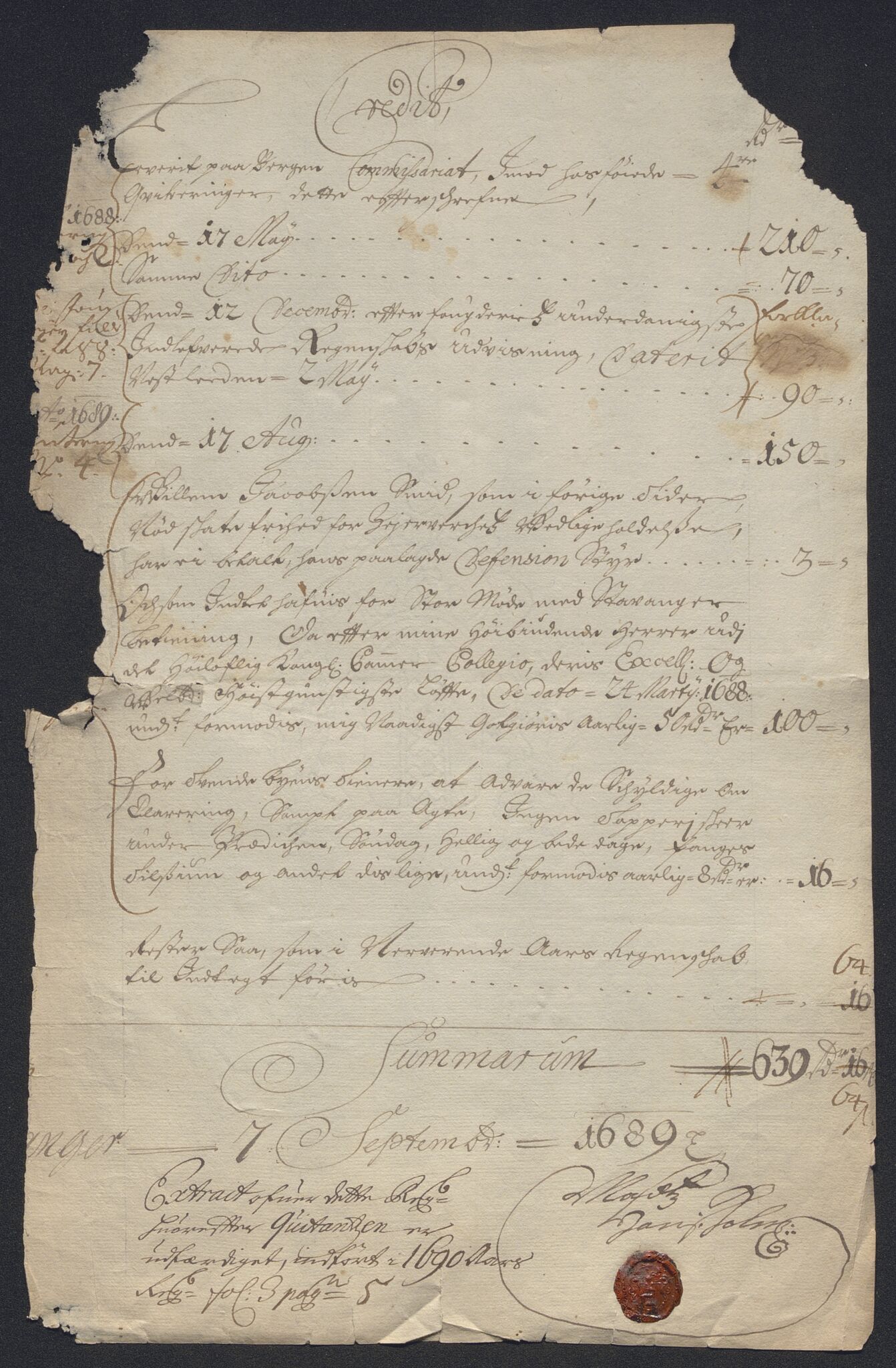 Rentekammeret inntil 1814, Reviderte regnskaper, Byregnskaper, RA/EA-4066/R/Ro/L0302: [O4] Kontribusjonsregnskap, 1687-1711, s. 8