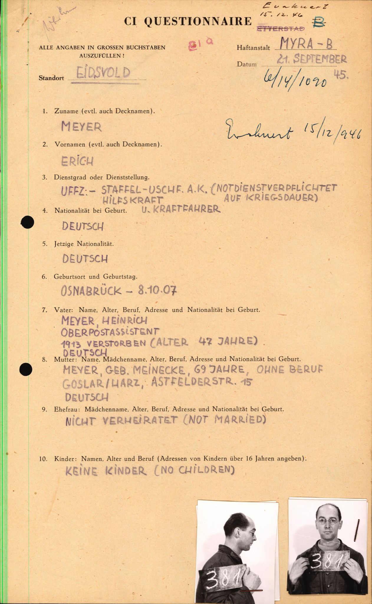 Forsvaret, Forsvarets overkommando II, RA/RAFA-3915/D/Db/L0022: CI Questionaires. Tyske okkupasjonsstyrker i Norge. Tyskere., 1945-1946, s. 82