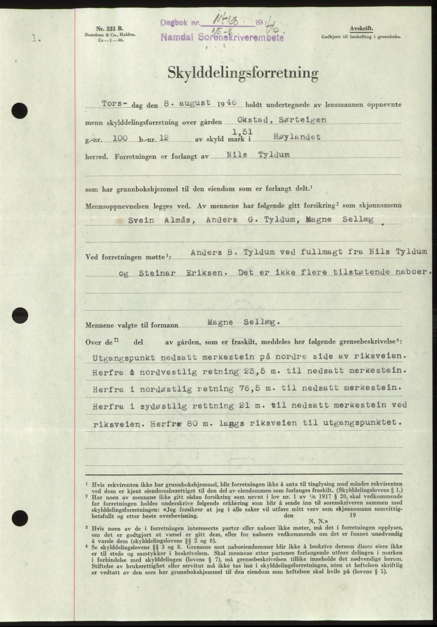 Namdal sorenskriveri, SAT/A-4133/1/2/2C: Pantebok nr. -, 1946-1946, Dagboknr: 1468/1946