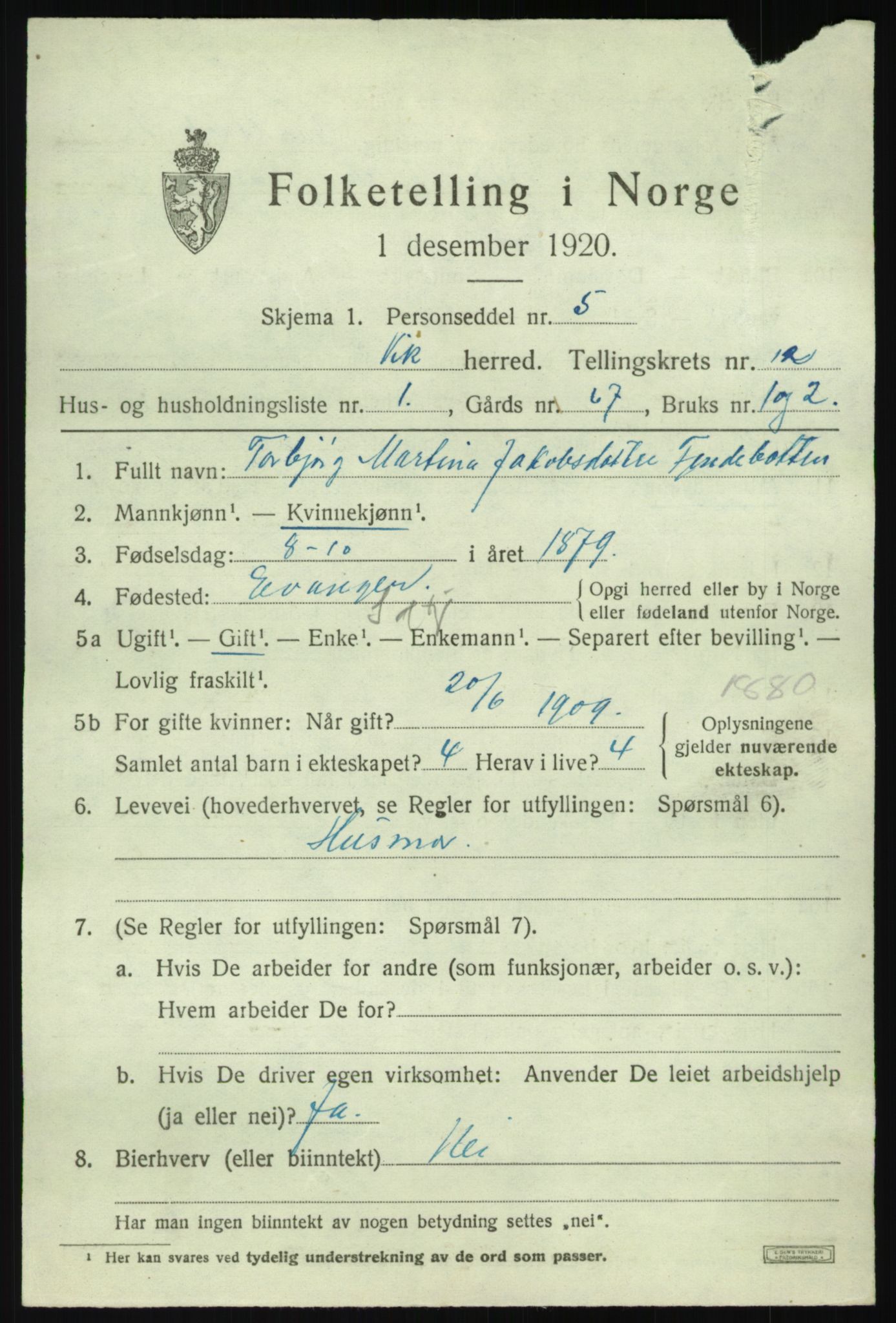SAB, Folketelling 1920 for 1417 Vik herred, 1920, s. 6769