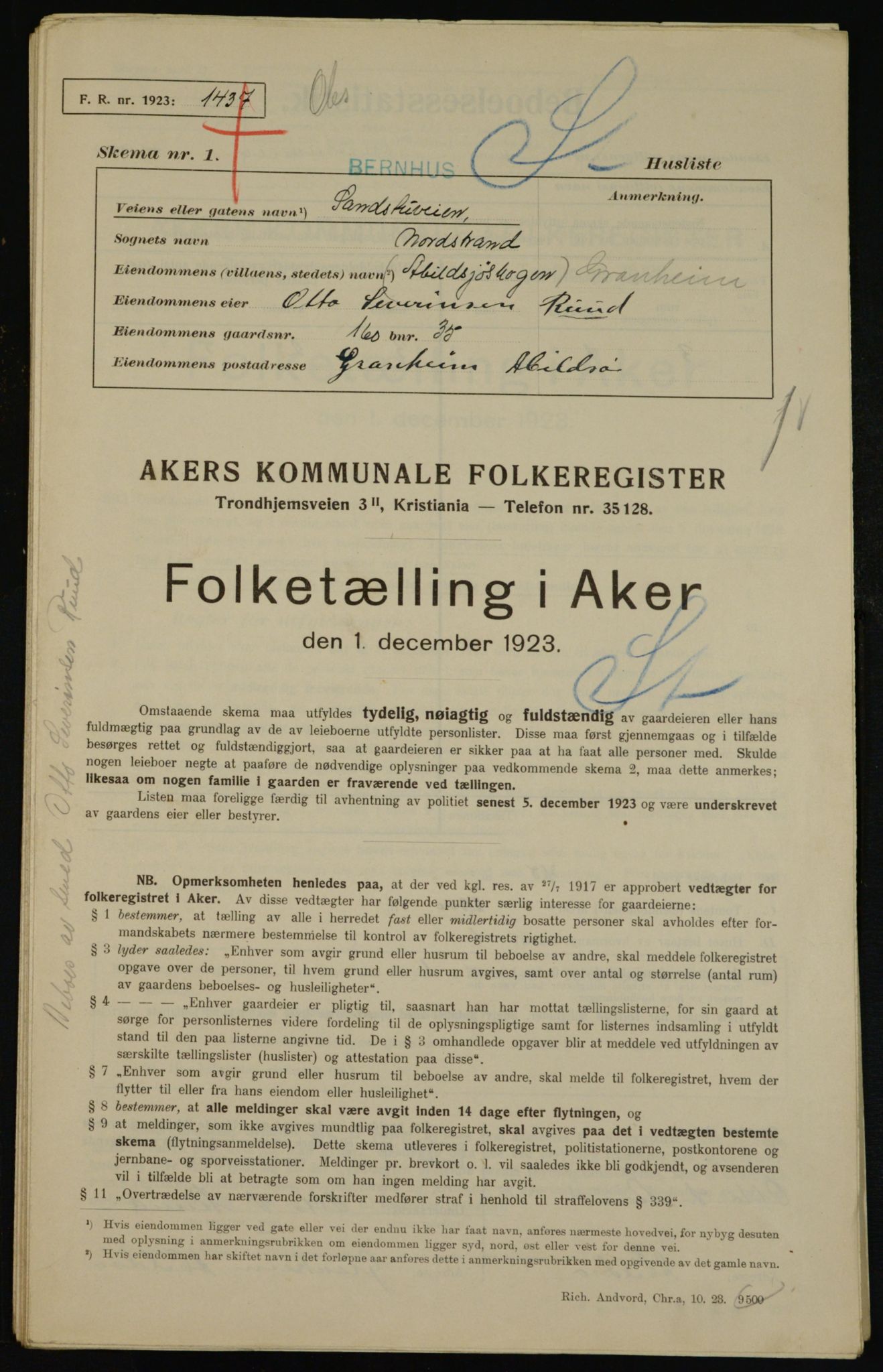 , Kommunal folketelling 1.12.1923 for Aker, 1923, s. 44854