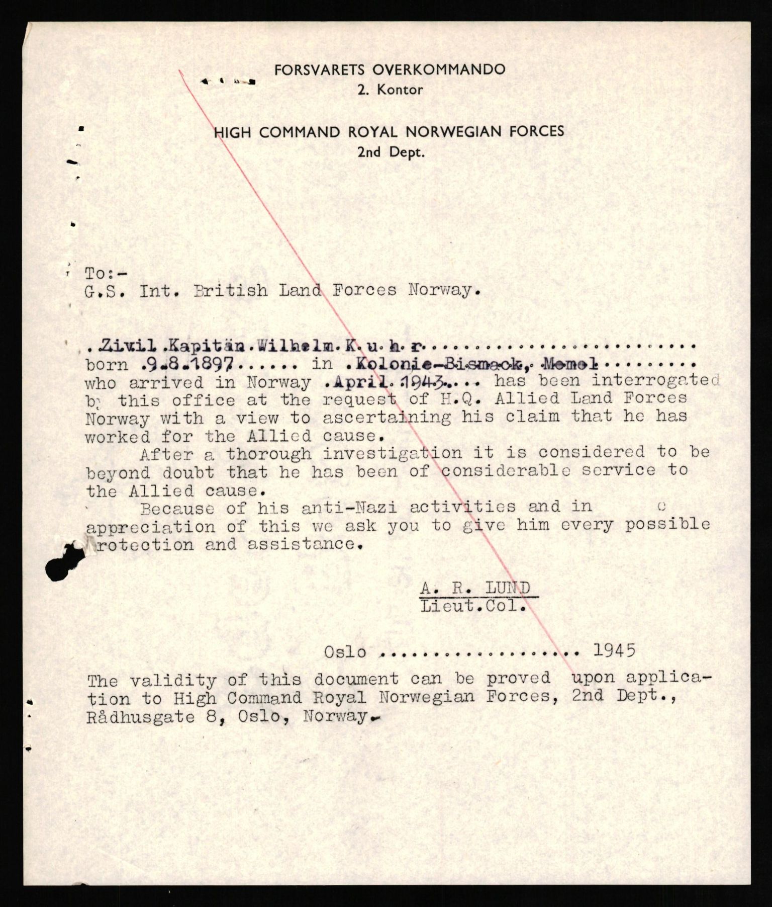 Forsvaret, Forsvarets overkommando II, AV/RA-RAFA-3915/D/Db/L0018: CI Questionaires. Tyske okkupasjonsstyrker i Norge. Tyskere., 1945-1946, s. 469